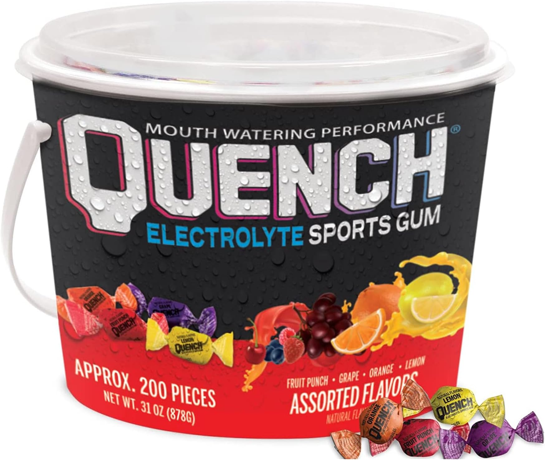 Quench Gum Variety Buckets Electrolyte Chewing Gum for Athletes and Sports Trainers, Fruity Flavor, Pack of 200