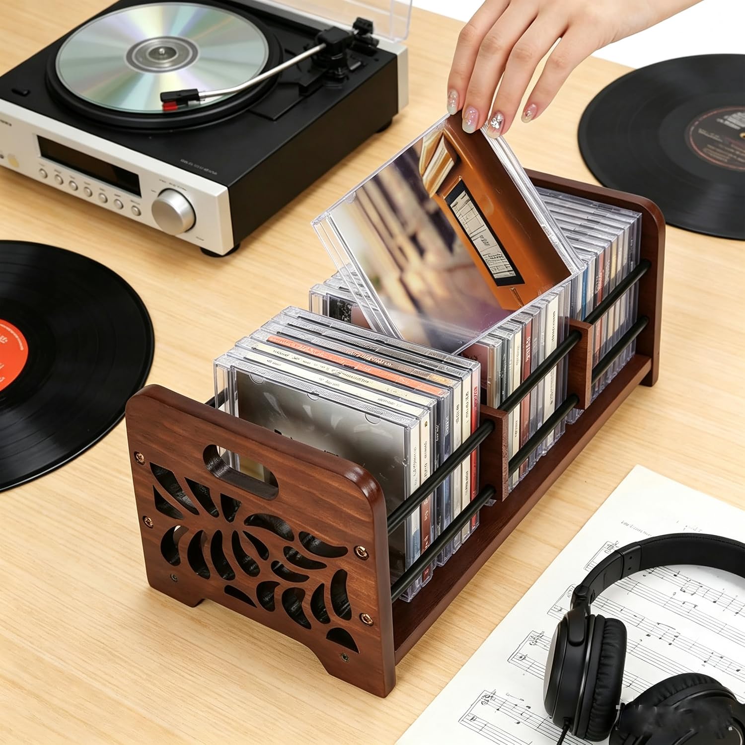 CD Ständer Holz CD Regal Aufbewahrung, CD/DVD Aufbewahrungbox | Skelett Blume CD Halter und DVD Organizer mit Griffen auch für Bücher,Karten,Postkarten 37x17.5x16cm