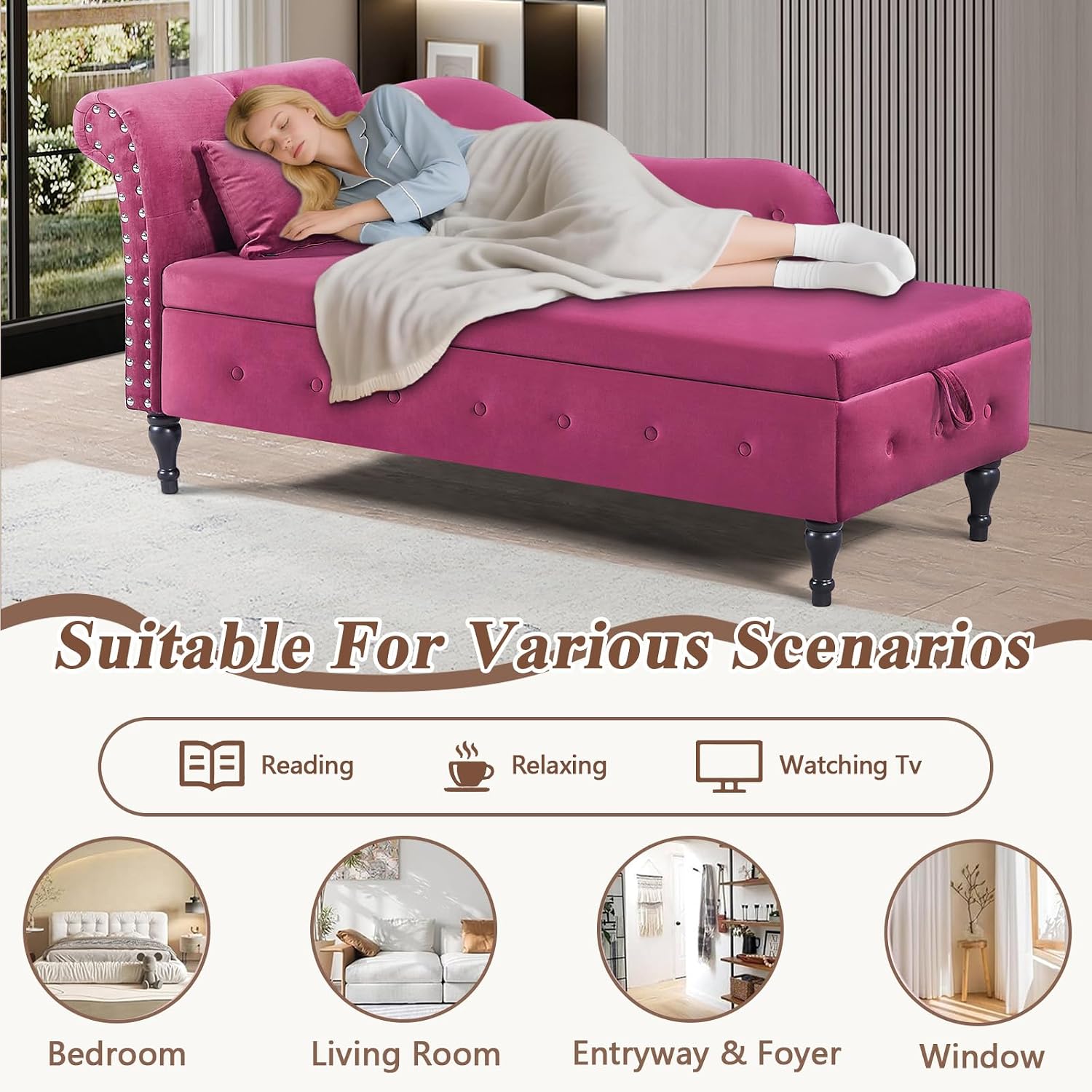 Anwick Chaise Lounge Indoor Tufted Fabric, Modern Upholstered Recliner Lounge Chair for Living Room Bedroom, Sleeper Lounge Sofa (Burgundy)