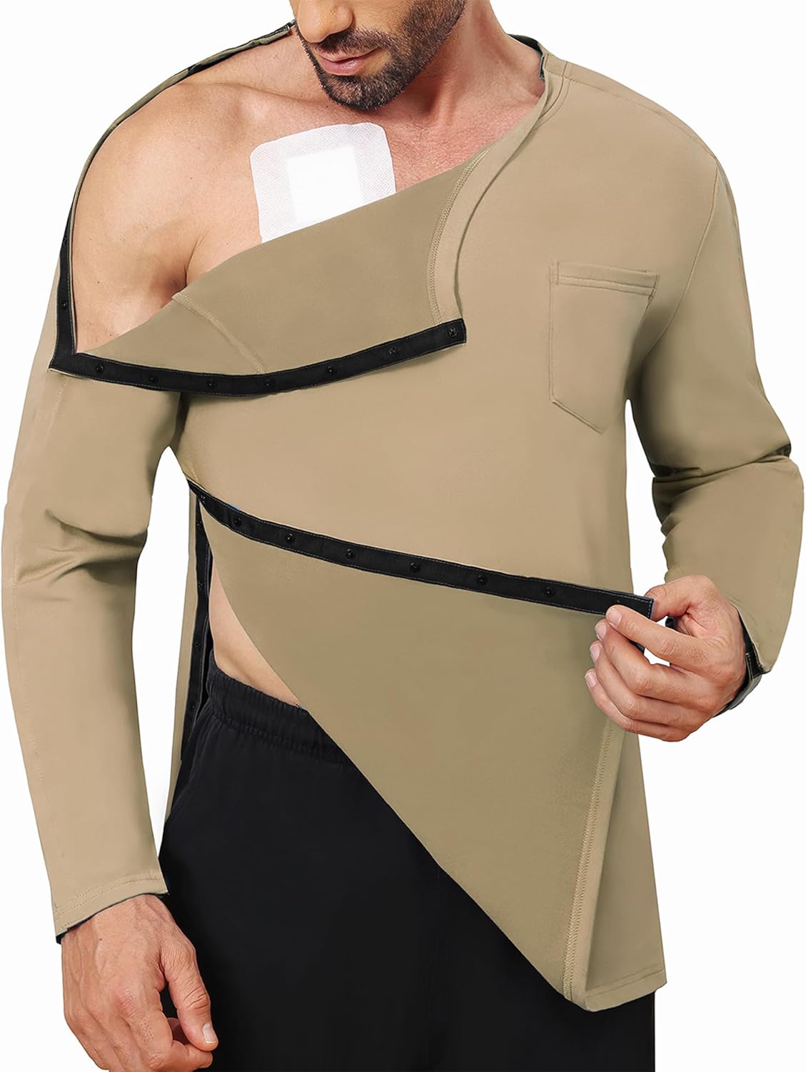 Fleece Lined Men's Post Shoulder Surgery Recovery Shirt Full Snap Tear Away Long Sleeve Chemo Port Access Adaptive Clohting