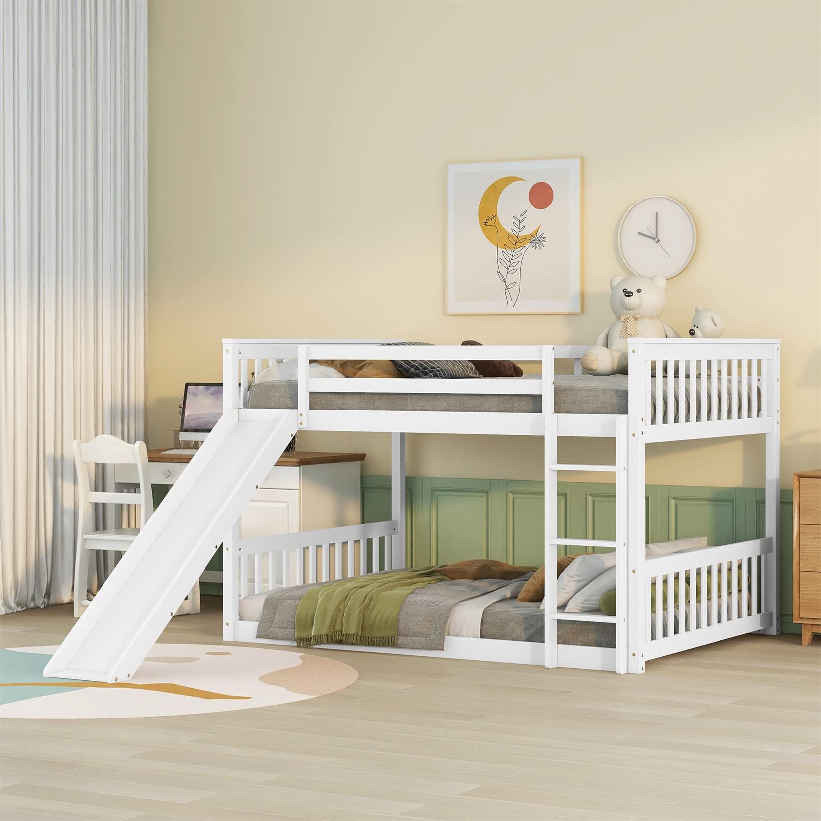 Bellemave Full Over Full Low Bunk Bed with Slide Wood Floor Bunk Beds with Ladder for Kids Boys Girls Teens, White