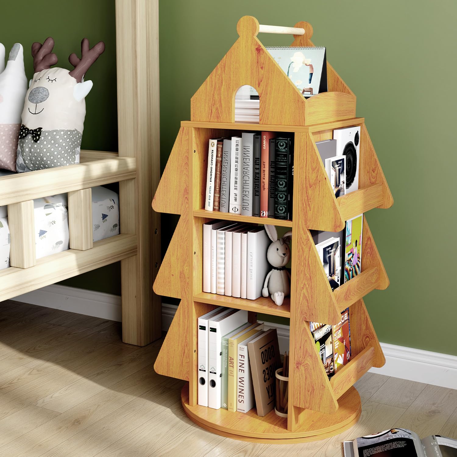 360 ° drehbares Bücherregal, Weihnachtsbaum-Display, Bücherregal, kreativ, bodenstehend, Bücherregal, Holz, Buchaufbewahrung, Organizer für Zuhause, Wohnzimmer, Schlafzimmer, Höhle
