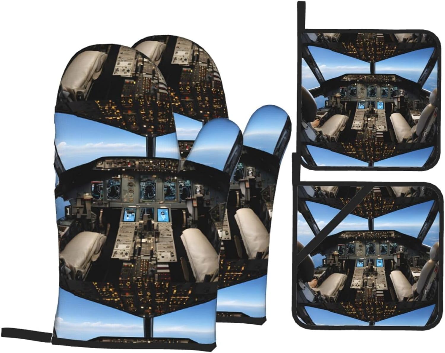 (Airplane Cockpit Print) Baking 4-Piece Set: 2 Oven Mitts and 2 Pot Holders Heat Resistant Waterproof Hanging Loop for Kitchen Oven Grill Housewarming Gifts