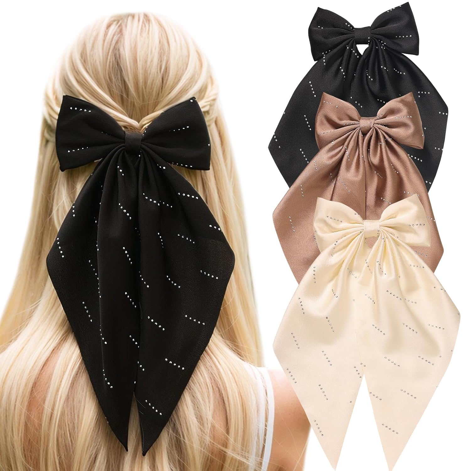 3 PCS Bow Hair Clip for Women,Large Hair Bow Clips Long Tail Ribbons,Silky Satin Bowknot Metal Barrettes with Crystal,Big Hair Bows Hair Accessories Neutral Color