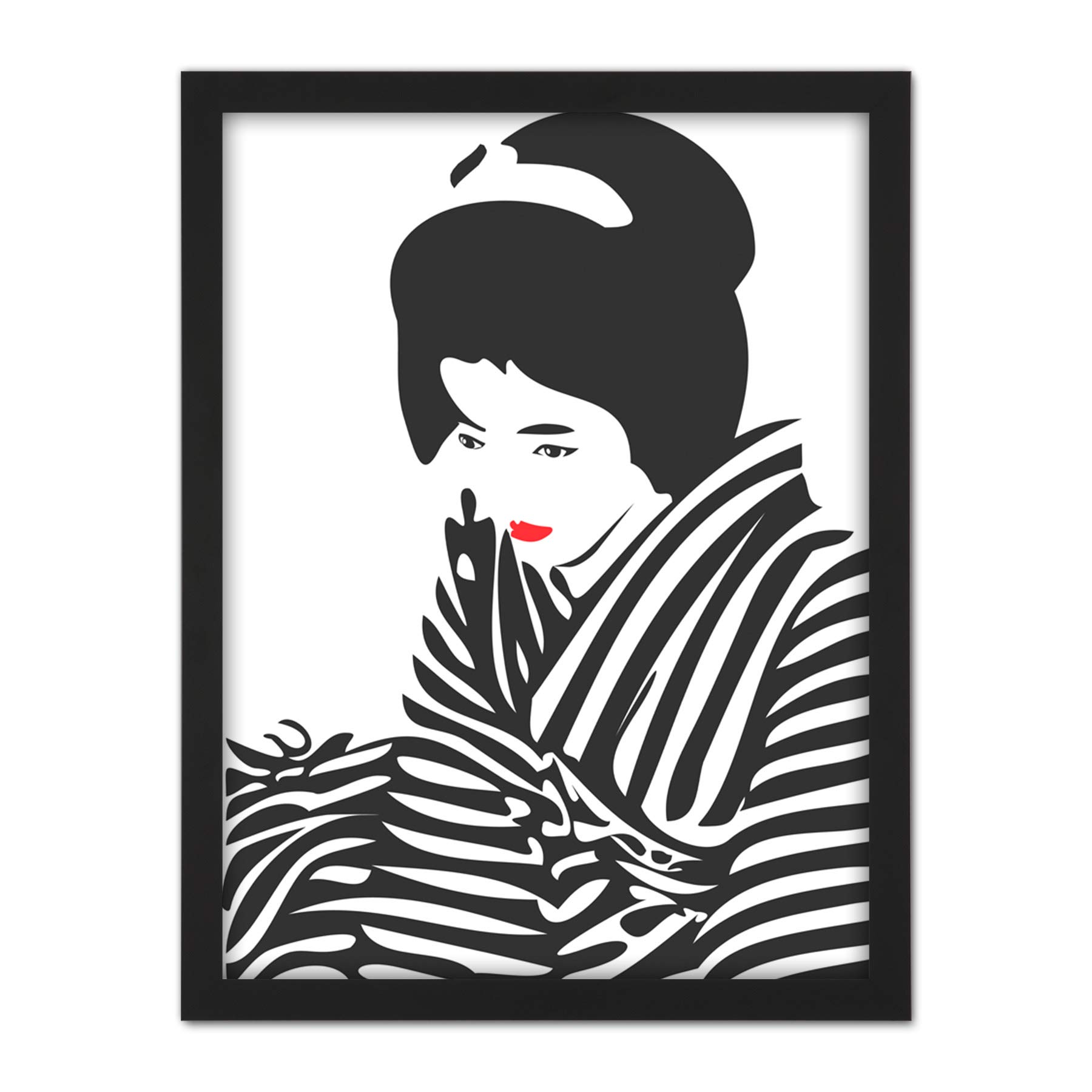 Wee Blue Coo Japanese Geisha Lipstick Stripes Artwork Framed Wall Art Print 18X24 Inch