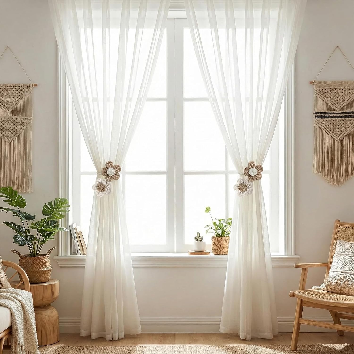 2 Pack Curtain Ropes Tiebacks Boho Sunflower Farmhouse Curtain Holdbacks Thin Window Draperies Beige Coffee Simple Elegant Flower DIY Curtain Tie Backs Holders Wall Decoration for Home Office