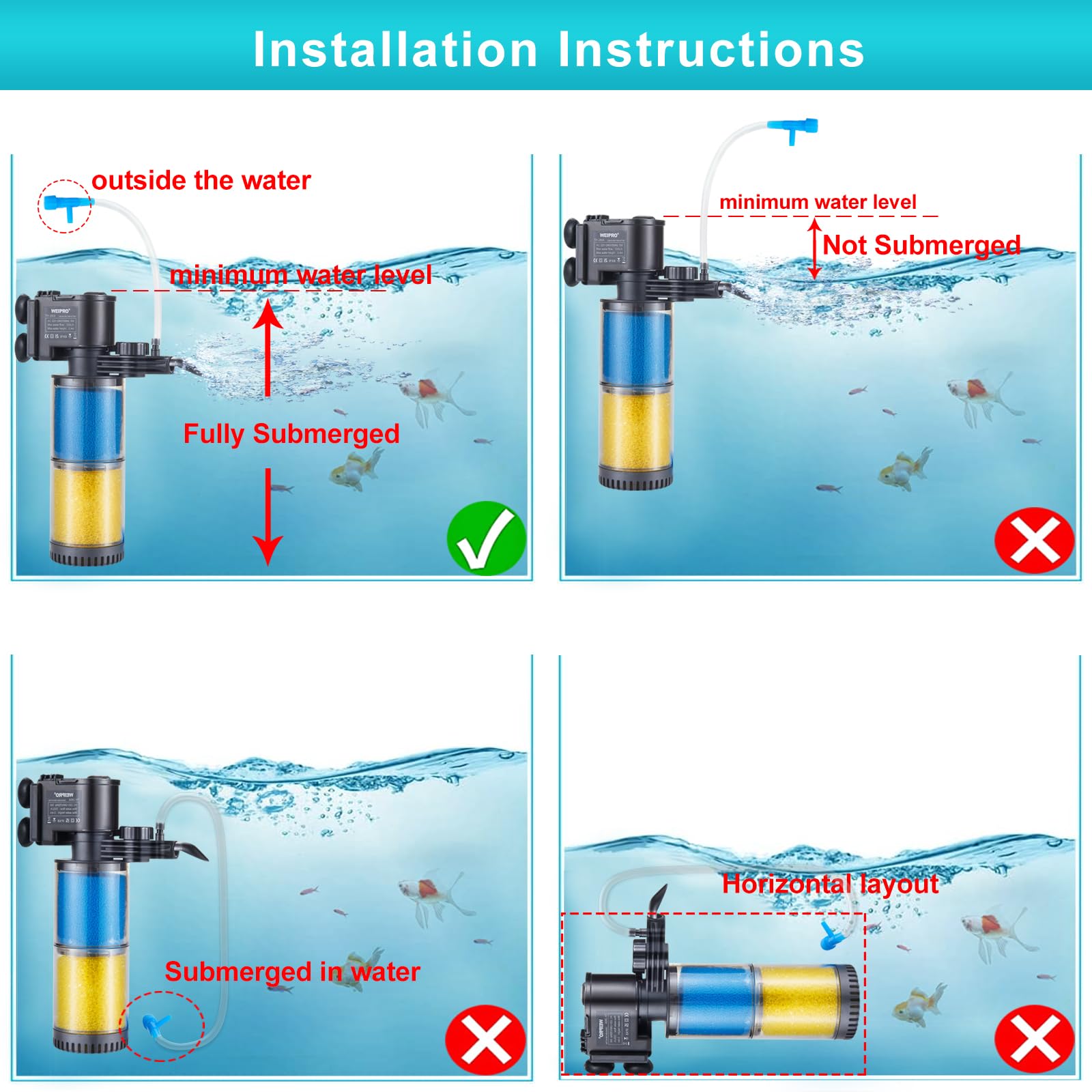 Filtre interne d'aquarium, filtration en éponge biochimique en 2 étapes, débit d'eau réglable de 90 GPH, pompe de filtre submersible pour aquarium d'eau douce et salée de 5 à 78 litres, TH280A (90 GPH