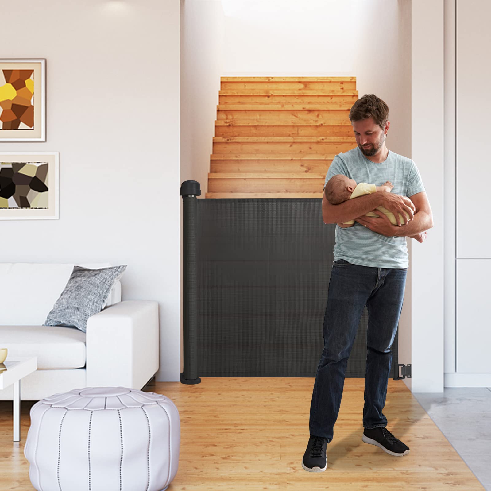 HENGMEI Puerta de seguridad para escaleras, puerta de seguridad, extensible 0-150 cm, barrera para bebés, barreras para perros, puerta retráctil, puerta de escalera para bebés, mascotas, negro, 150 cm