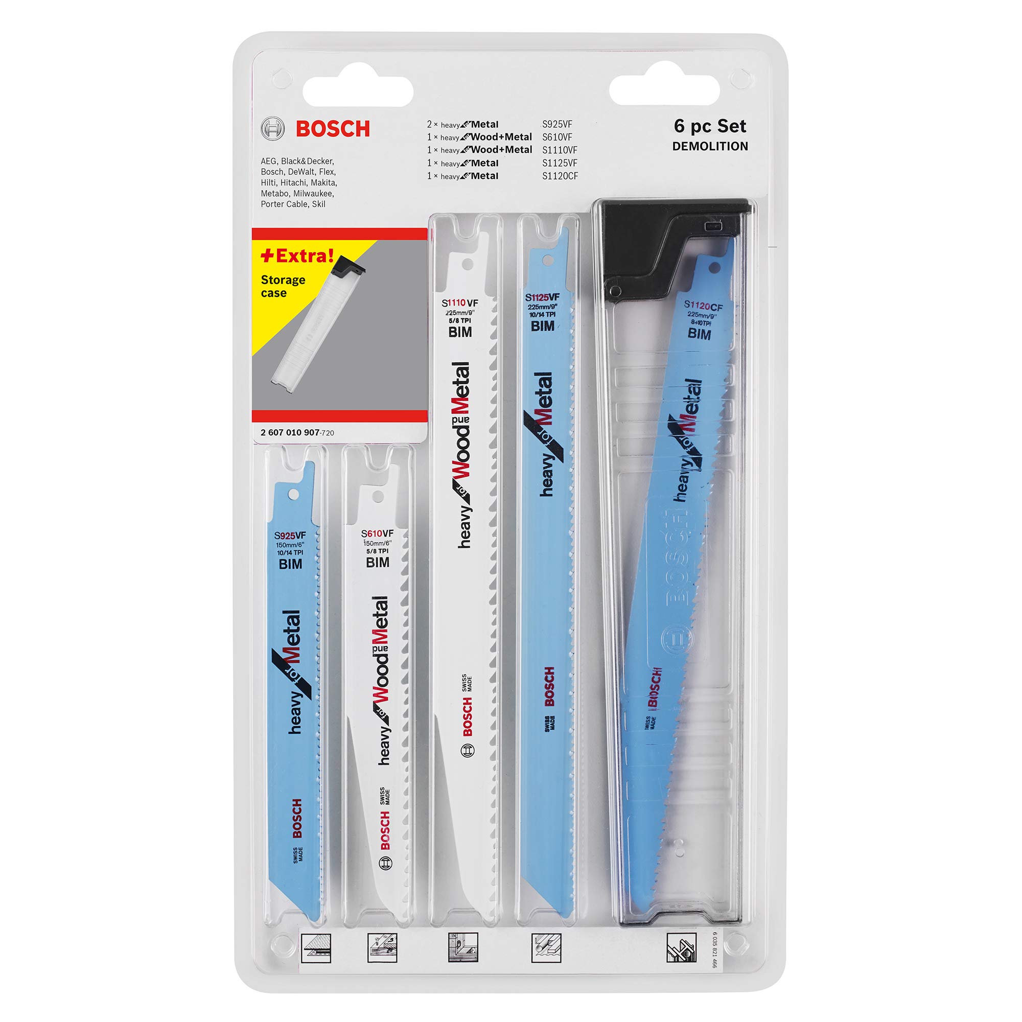 Bosch Accessories 2607010907 Set de 6 Lames de scie sauteuse pour démolition + boite de rangement 925 vf (2x)/ s 610 vf/s 1110 vf/s 1125 vf/s 1120 cf