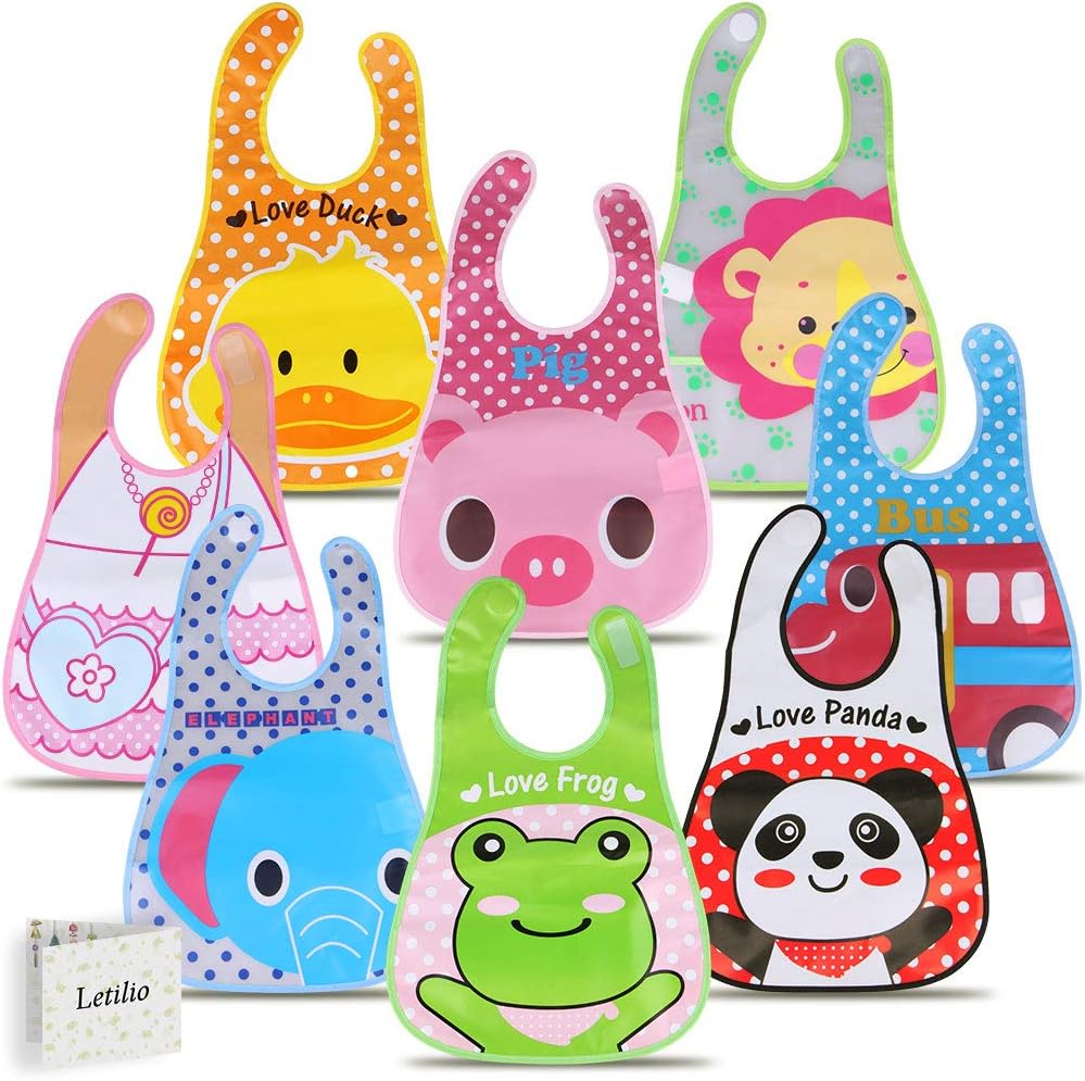 Letilio Baby Bib Set of 8 Waterproof Unisex Baby Bib EVA Baby Bandana Drool Baby Bib Apron Baby Drool Bibs for Infant Toddler 6 Months to 6 Years Old
