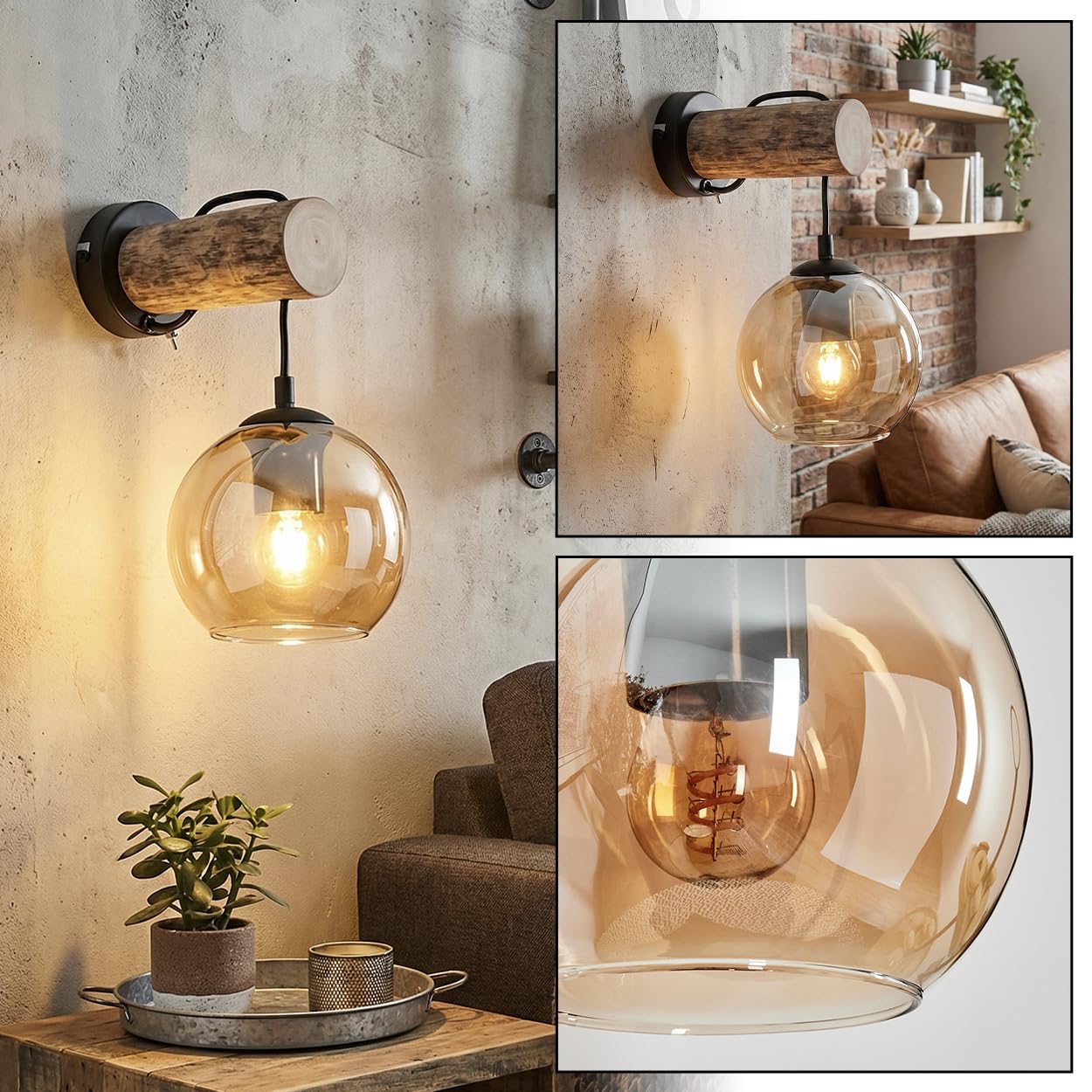 HOFSTEIN Wandleuchte Koyoto, Wandlampe aus Metall/Holz/Glas in Schwarz/Natur/Bernstein, moderne Leuchte im Retro/Vintage-Design (Ø 15 cm), Schalter am Gehäuse, E27, Wohnzimmer, Schlafzimmer, Flur