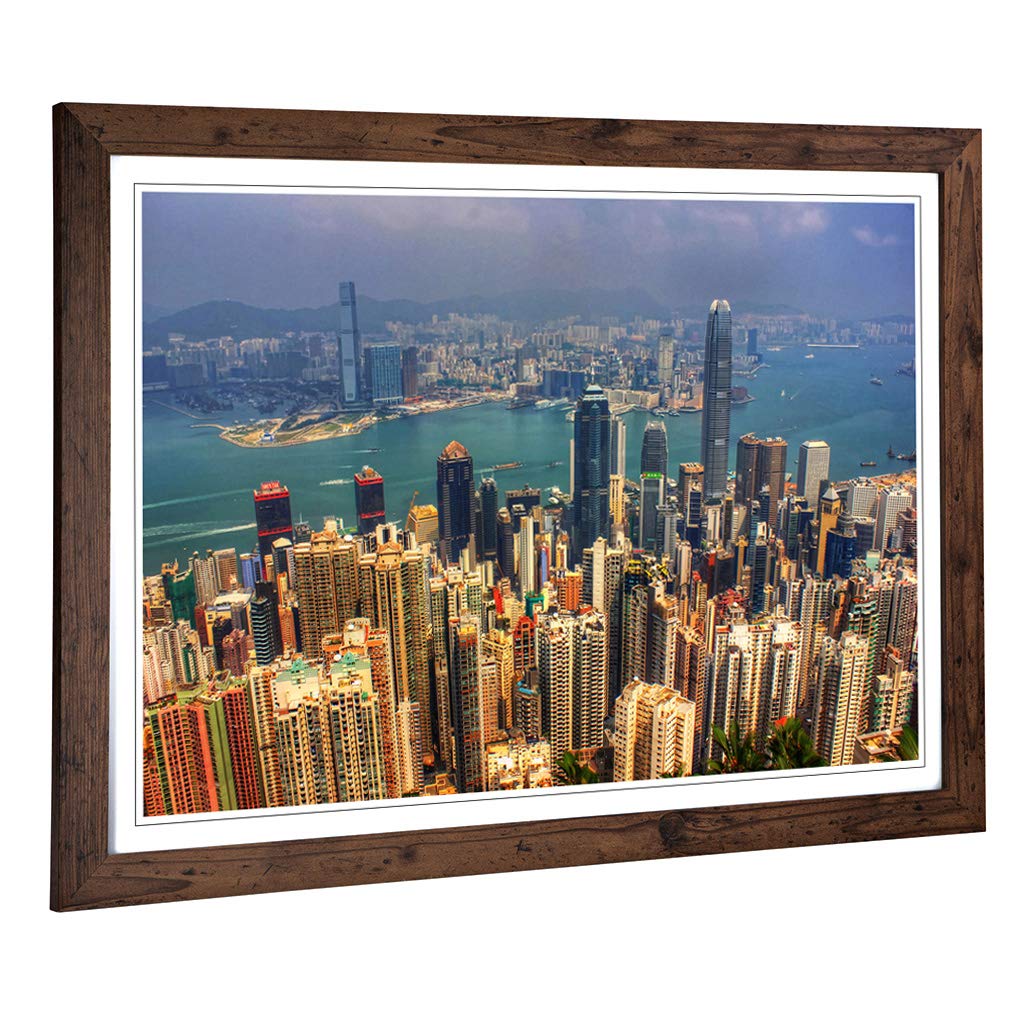 Big Box Art Framed Print of Hong Kong City Skyline China (2) Design | Wall Art Picture | Home Decor for Kitchen, Living Room, Bedroom, Hallway, Walnut, A2 / 24.5x18 Inch / 62x45cm