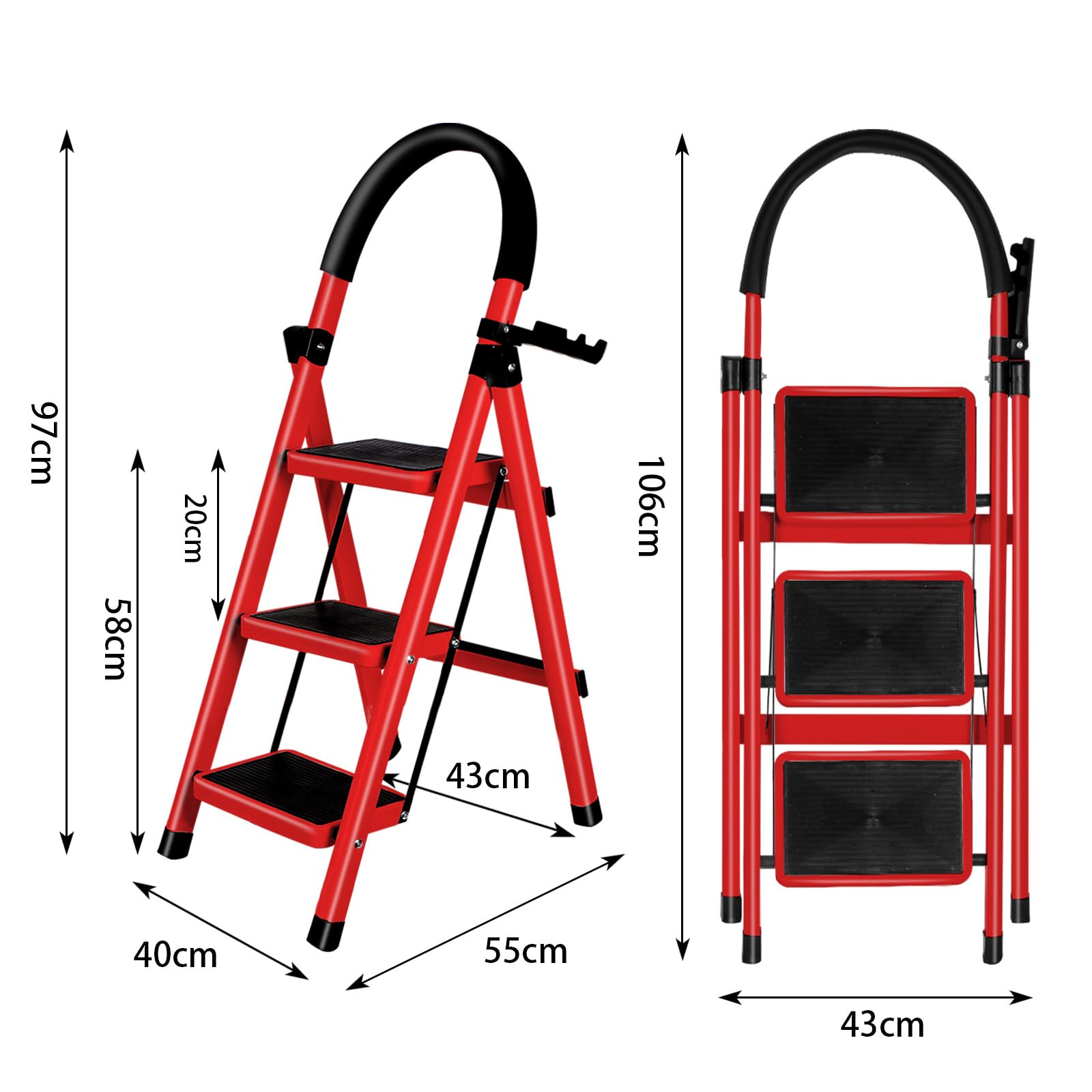 Escabeau Ménager 3 Marches en Aluminium avec Mains Courantes 150 KG Escabeau en Aluminium Echelle Multifonctions pour Maison et Bureau-104 x 57 x 41,5 cm - 3 marches (Rouge)
