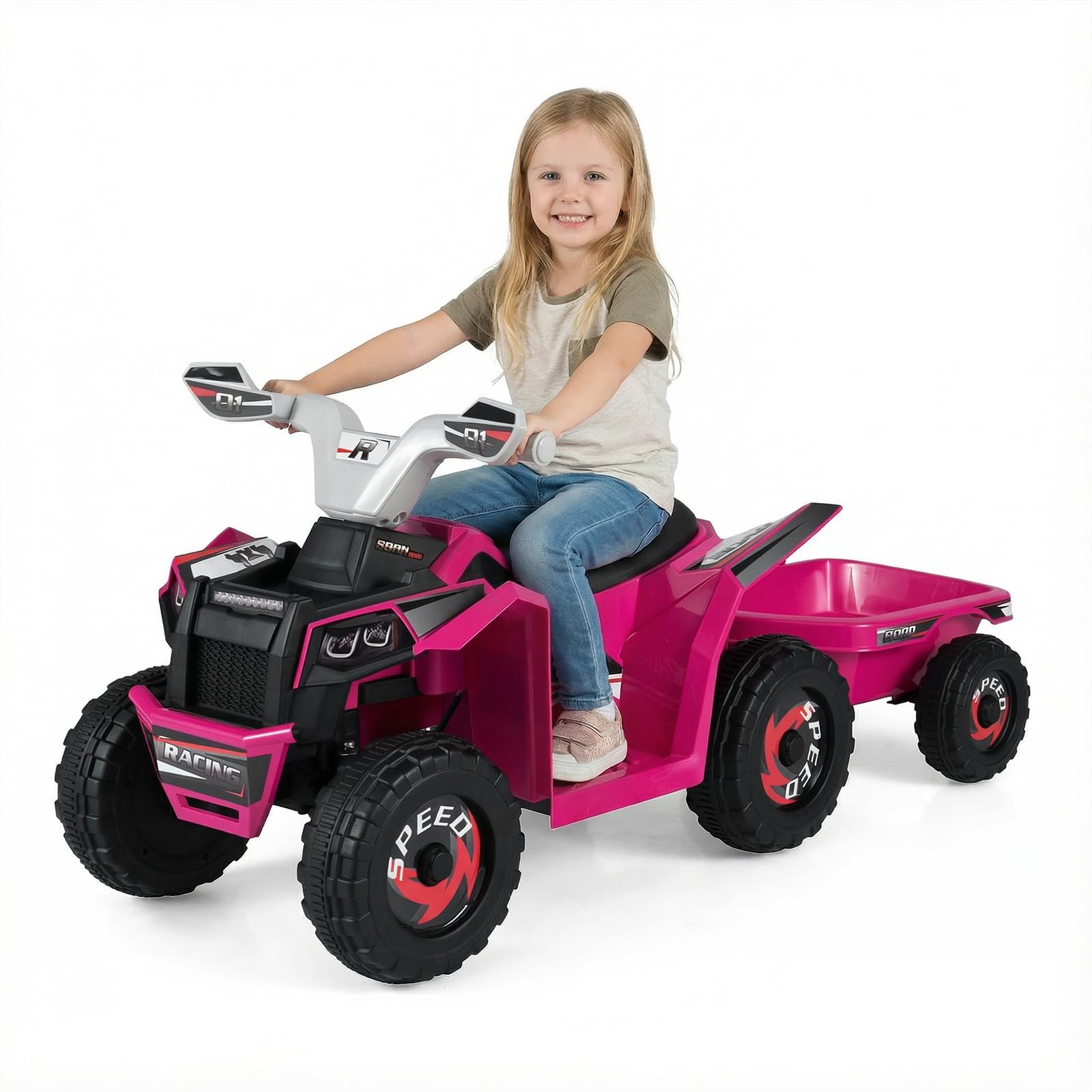 COSTWAY 6V Elektro Kinder Quad, Kinderquad mit abnehmbarem Anhänger, 2-3 km/h, Elektroquad mit Scheinwerfer, Vorwärts-& Rückwärtsfunktion, Mini Elektroauto ATV für Jungen & Mädchen ab 3 Jahren (Rosa)