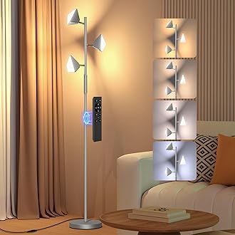 QiMH LED Tree Floor Lamp, Modern Floor Lamp for Living Room with 3 Lights,4 Color Change, 36W Stepless Dimmable Tall Standing Lamp with Touch and Remote Control for Bedroom Home Office, Silver
