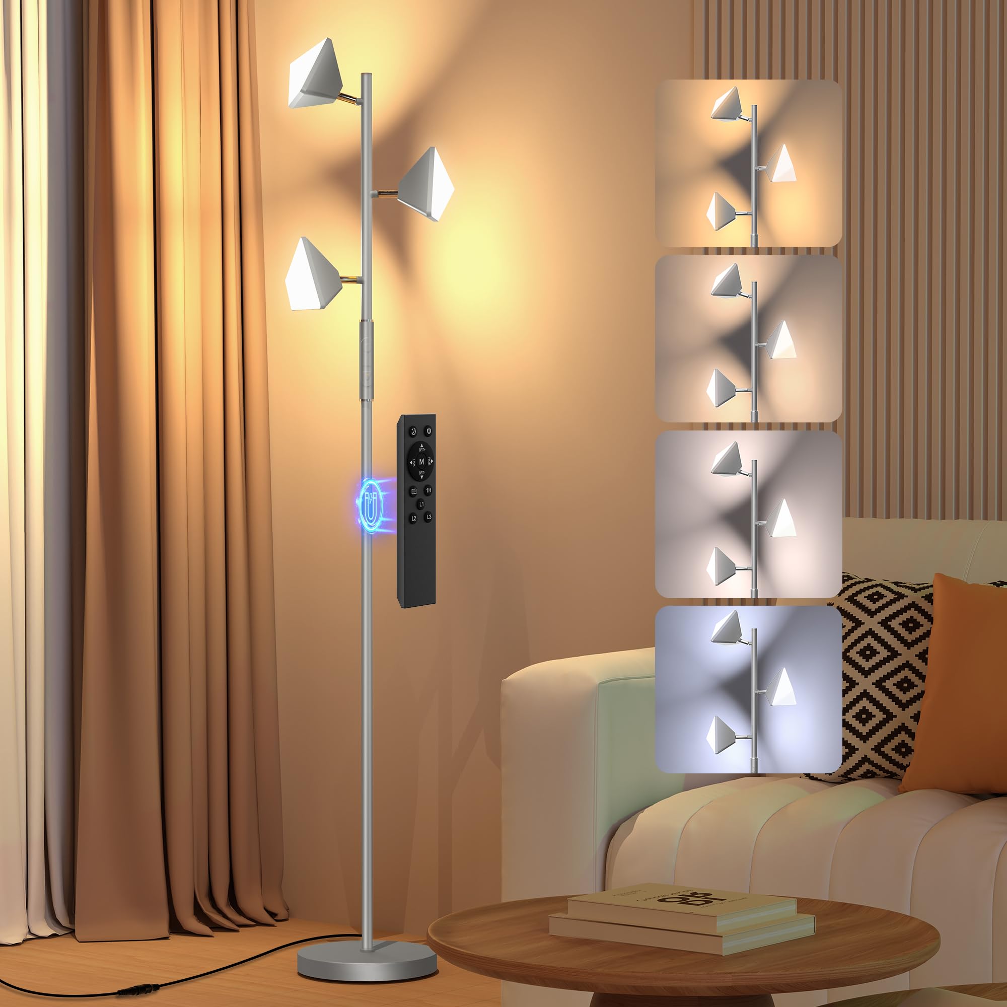 QiMH LED Tree Floor Lamp, Modern Floor Lamp for Living Room with 3 Lights,4 Color Change, 36W Stepless Dimmable Tall Standing Lamp with Touch and Remote Control for Bedroom Home Office, Silver