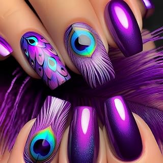 24 Pcs Purple Press on Nails Medium Square - YEFIUO Spring Bling Fake Nails Press ons French Nail Art Tips Full Cover Acrylic False Nails Glue on Nails Kit with Glossy Peacock Feather Design Women