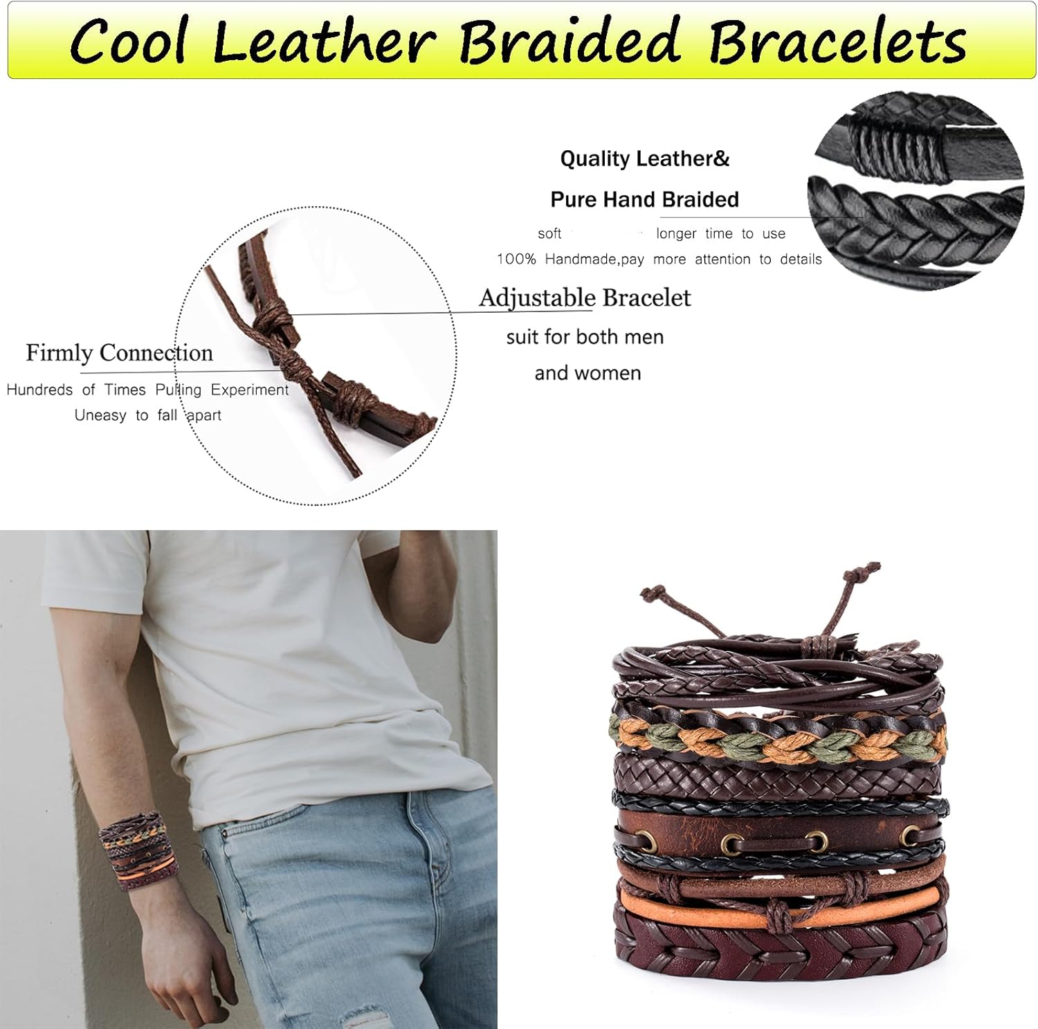 SONNYX 44 Pcs Braided Leather Bracelets for Men Women Woven Cuff Wrap Bracelets Hemp Cords Wood Beads Ethnic Tribal Bracelets Adjustable Leather Wristbands - Image 4