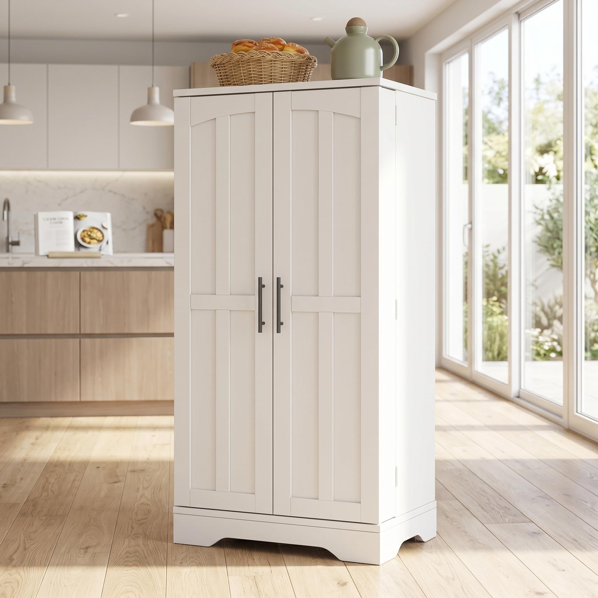 FurnitureR Küchenhochschrank, hoher Küchenschrank 60 x 40 x 120 cm, Weiß, MDF Vorratsschrank mit 2 Türen, LED-Türlicht, für Moderne Küchen, Nischen und Esszimmer, mit Kippschutz zur Wandbefestigung