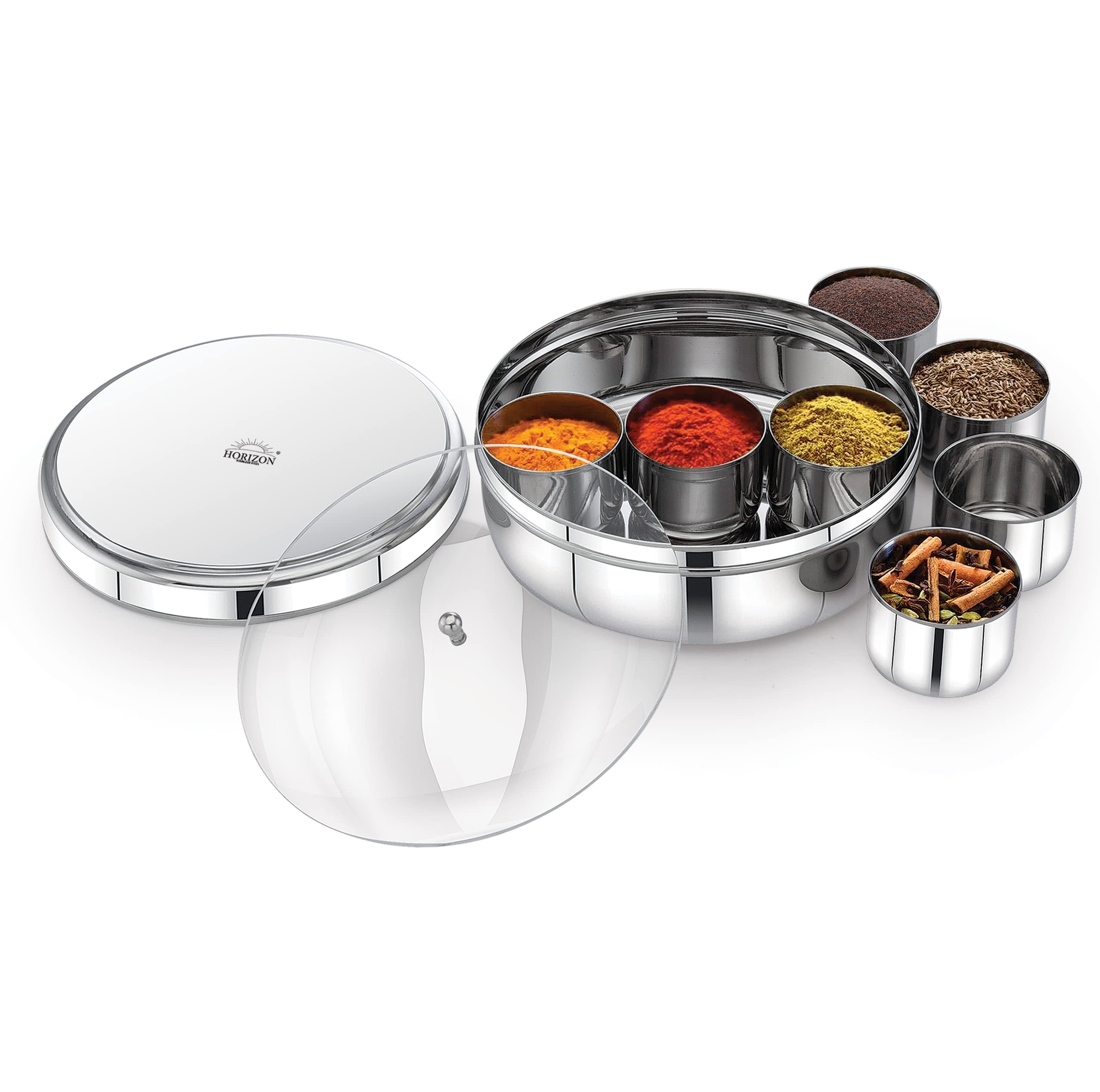 HORIZON NDH Masala Dabba (Plain) Stainless Steel Round Shape Masala/Spice Box Organiser with Lid with 7 Container Dabba Box Organizer - Medium