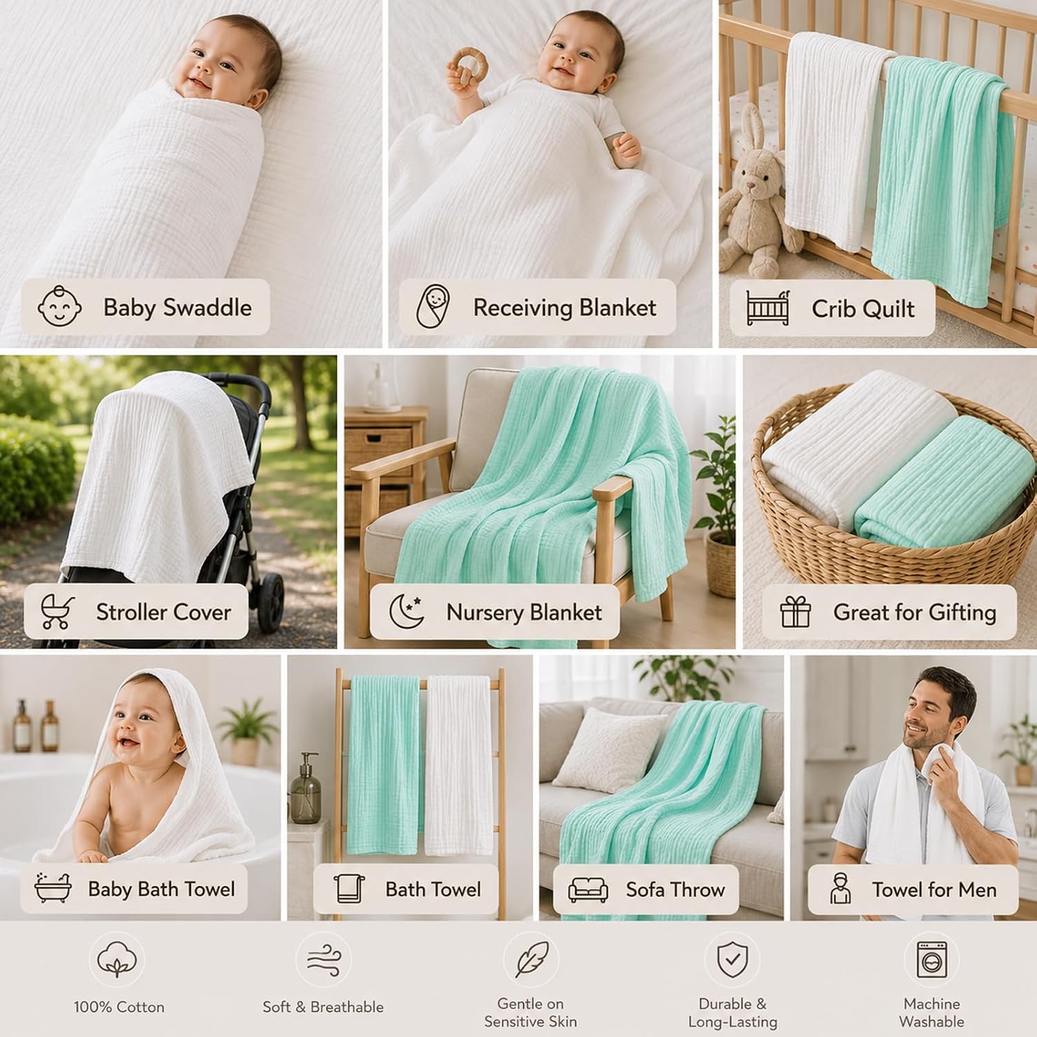 Aablexema Muslin Baby Blanket Set of 2, 6-Layer 43 x 43 Inches Newborn Toddler Bath Towel Swaddle Wrap Blankets for Boys Girls (White&Green)