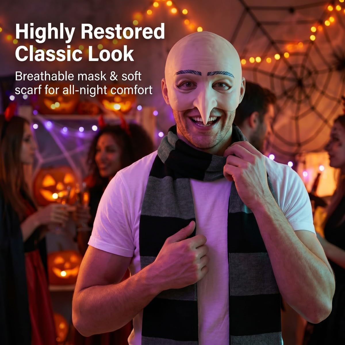 3Pcs Halloween Latex Nose Mask with Black and Gray Striped Scarf