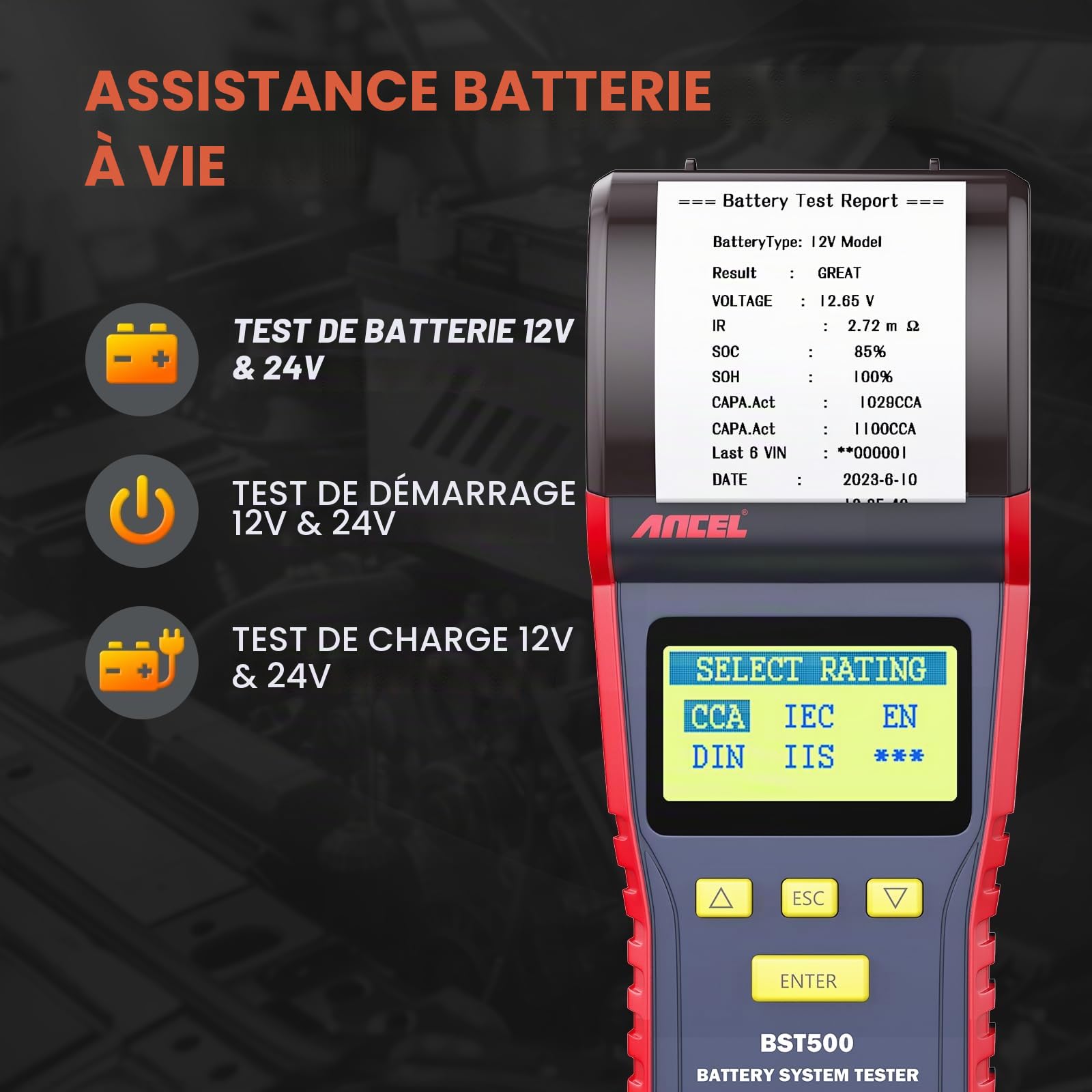 ANCEL BST500 Professional 12 V/24 V Automotive Charge testeur de Batterie d'impression des données Disponibles Digital Analyseur Bad Cell Outil de Test pour Voiture/Camion/Moto et Plus