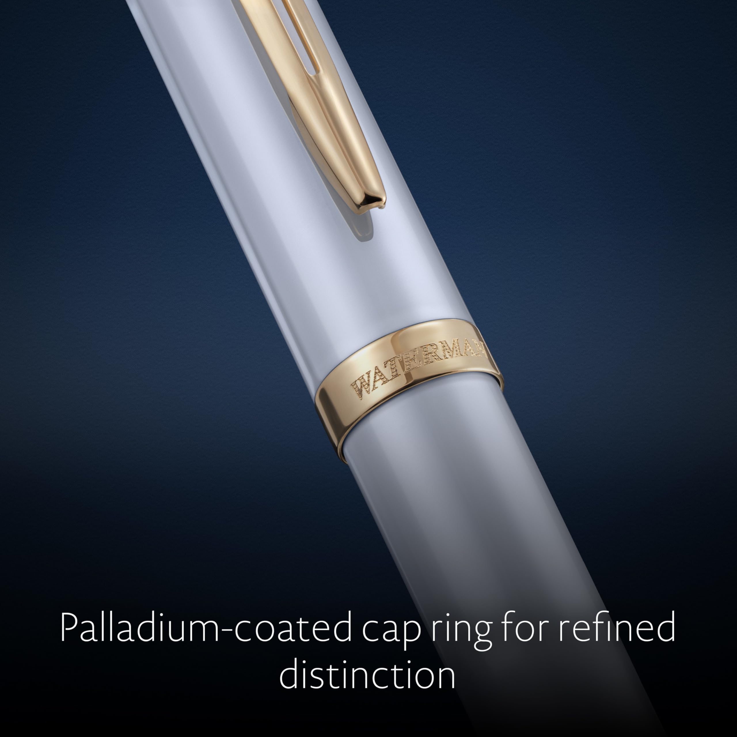Waterman Impression Bolígrafo | Punta media con recarga de tinta azul | Laca blanca con adornos chapados en oro | Caja de regalo