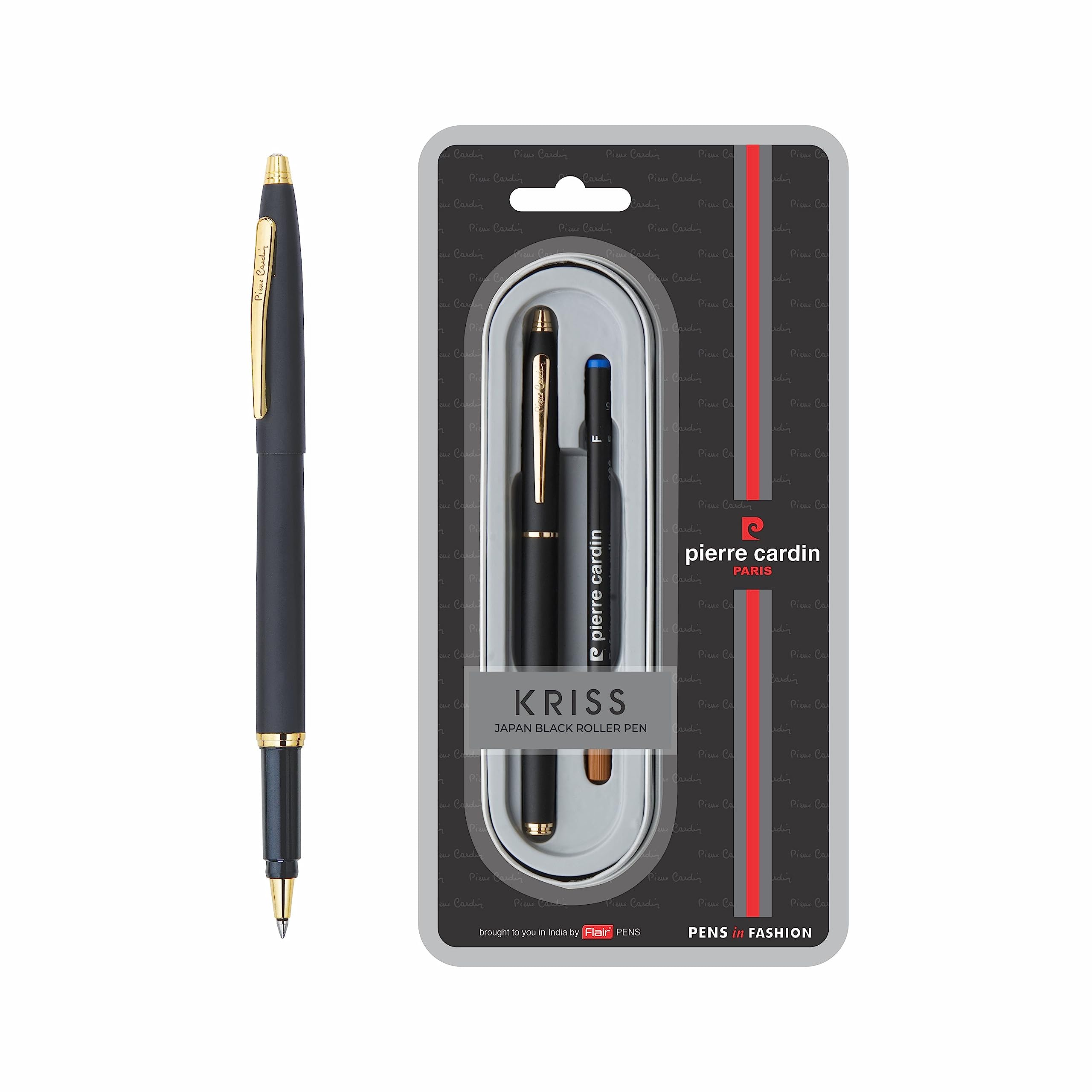 Pierre Cardin Kriss Japan Black Finish Exclusive Roller Ball Pen Blister Pack | Metal Body With Smudge Free Writing | Attractive Look, Smooth Refillable Pen | Ideal For Gifting | Blue Ink, Pack Of 1