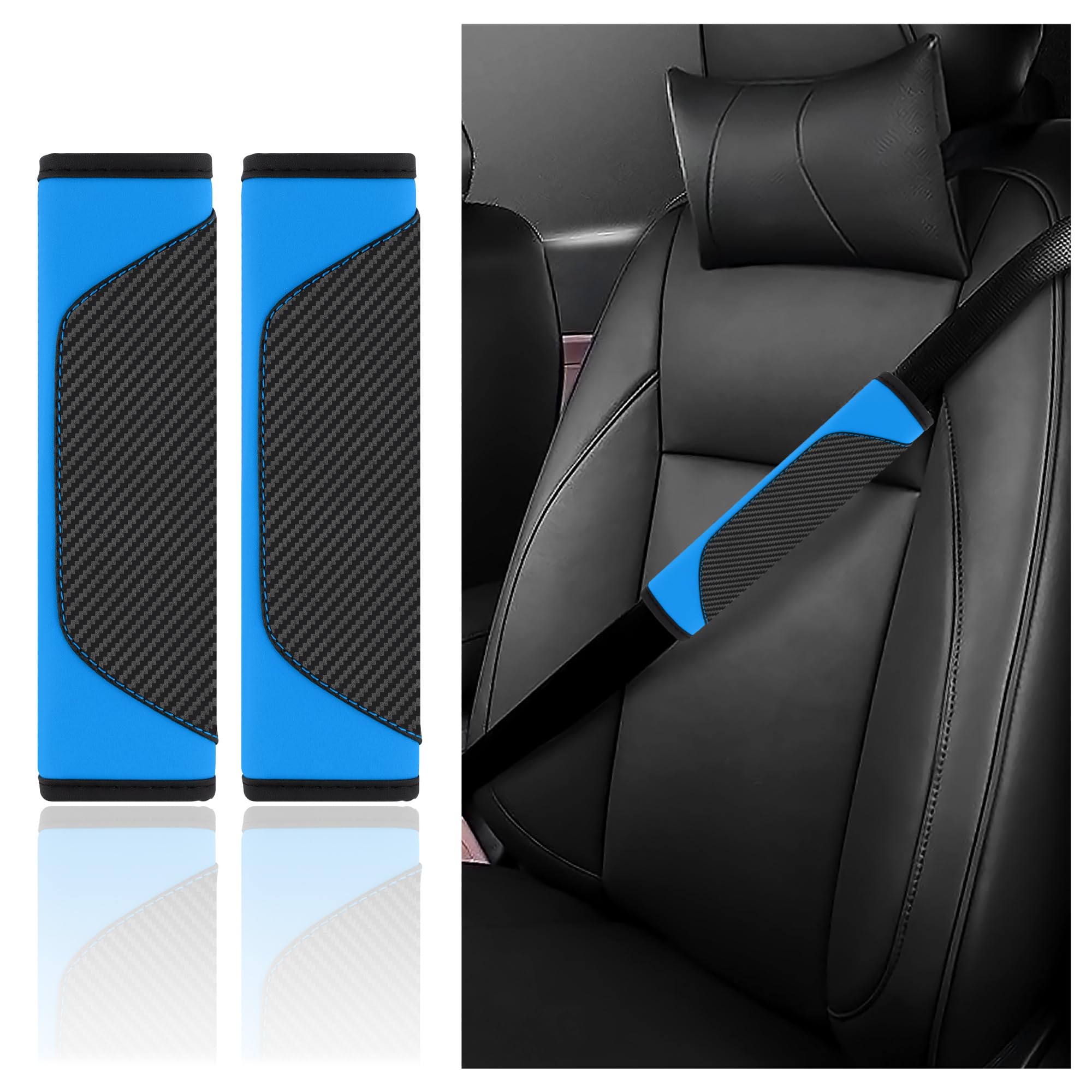 2PCS Car Seatbelt Covers - Carbon Fiber Leather Seatbelt Cushion for Shoulder Protection & Car Decorations - Universal Car Interior Accessories Seat Belt Pad Fits Car Truck SUV RV (Blue)