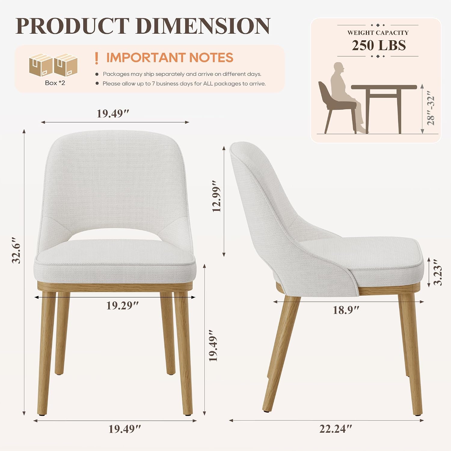 Modern Upholstered Dining Chairs Set of 4, Open Back with Solid Wood Legs, Ergonomic Curved Back Fabric Kitchen Chairs for Dining Room & Kitchen, Living Room Side Chairs, Farmhouse, Beige