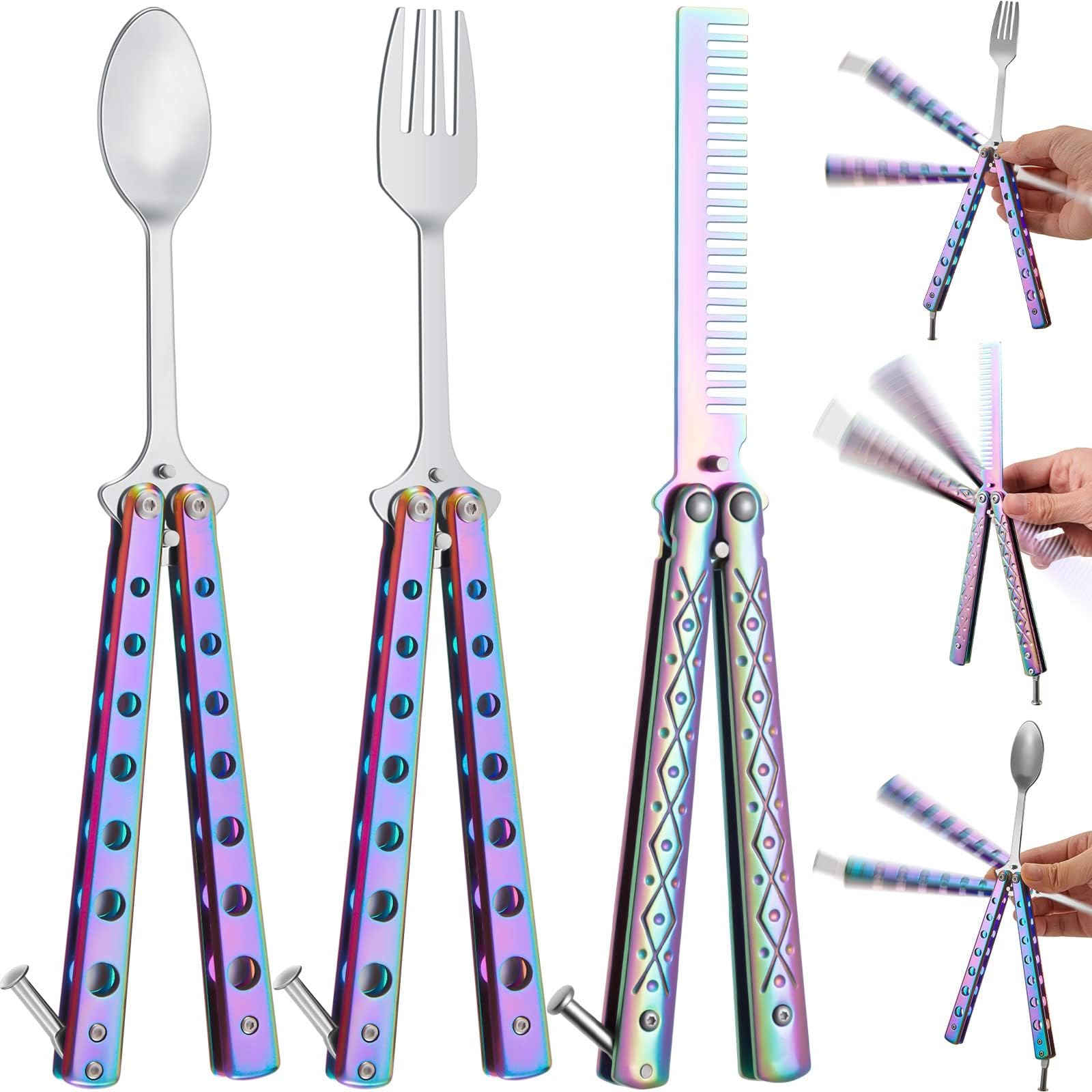 Eaasty 3 Pieces Butterfly Comb,Fork and Spoon Set,Tactical Stainless Steel Folding Butterfly Spoon for Camping Hunting Travel Outdoor