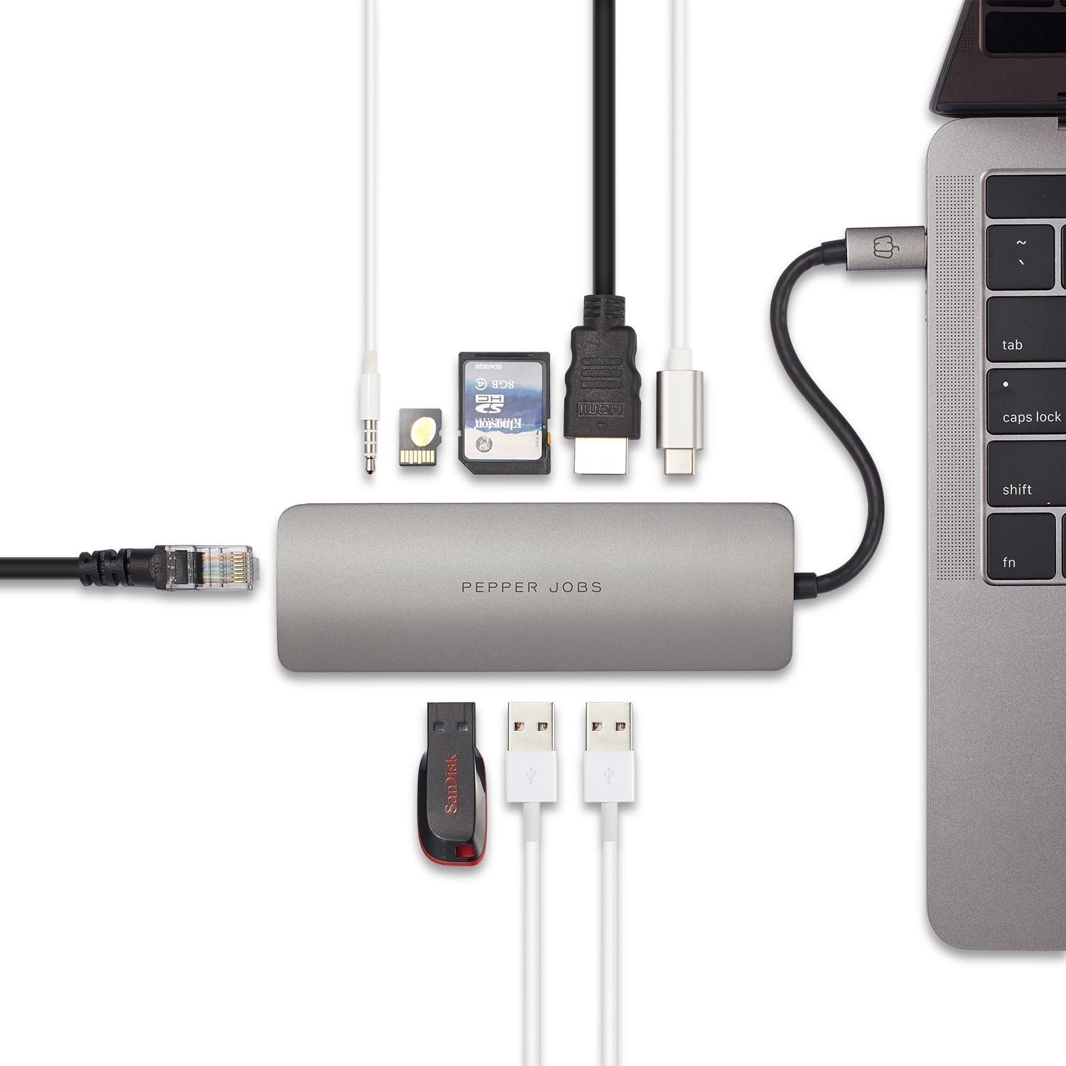 PEPPER JOBS USB-C Hub 9-in-1 Multiport Adapter with HDMI, USB 3.0, SD/TD Card Reader, PD Charging, 3.5mm Audio and Gigabit Ethernet, Plug and Play, Compatible with MacBook Pro 13",15"/Samsung