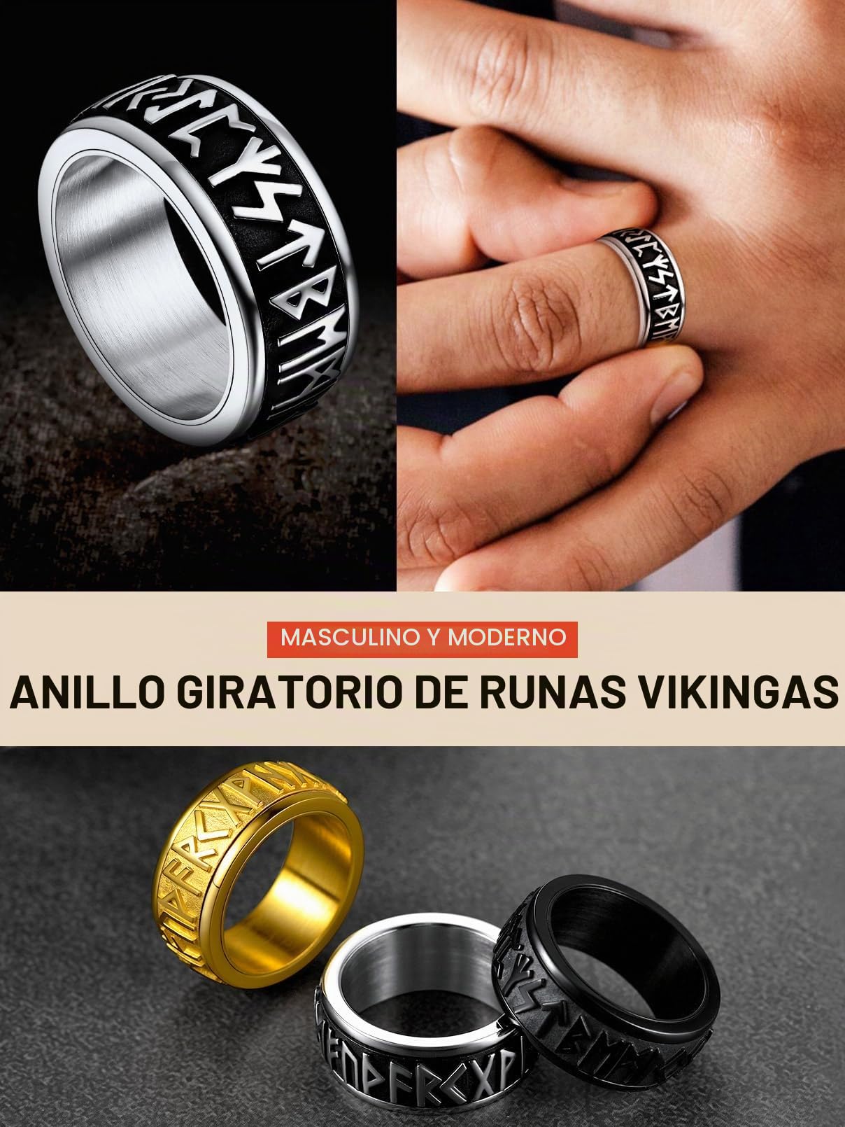 FaithHeart Anillo Giratorio Runas Vikingas Hombre Acero Inoxidable 316L Anillo Rotativo Anti-estrés Anillo Hip Hop Joyería Religiosa Nórdica de Protección