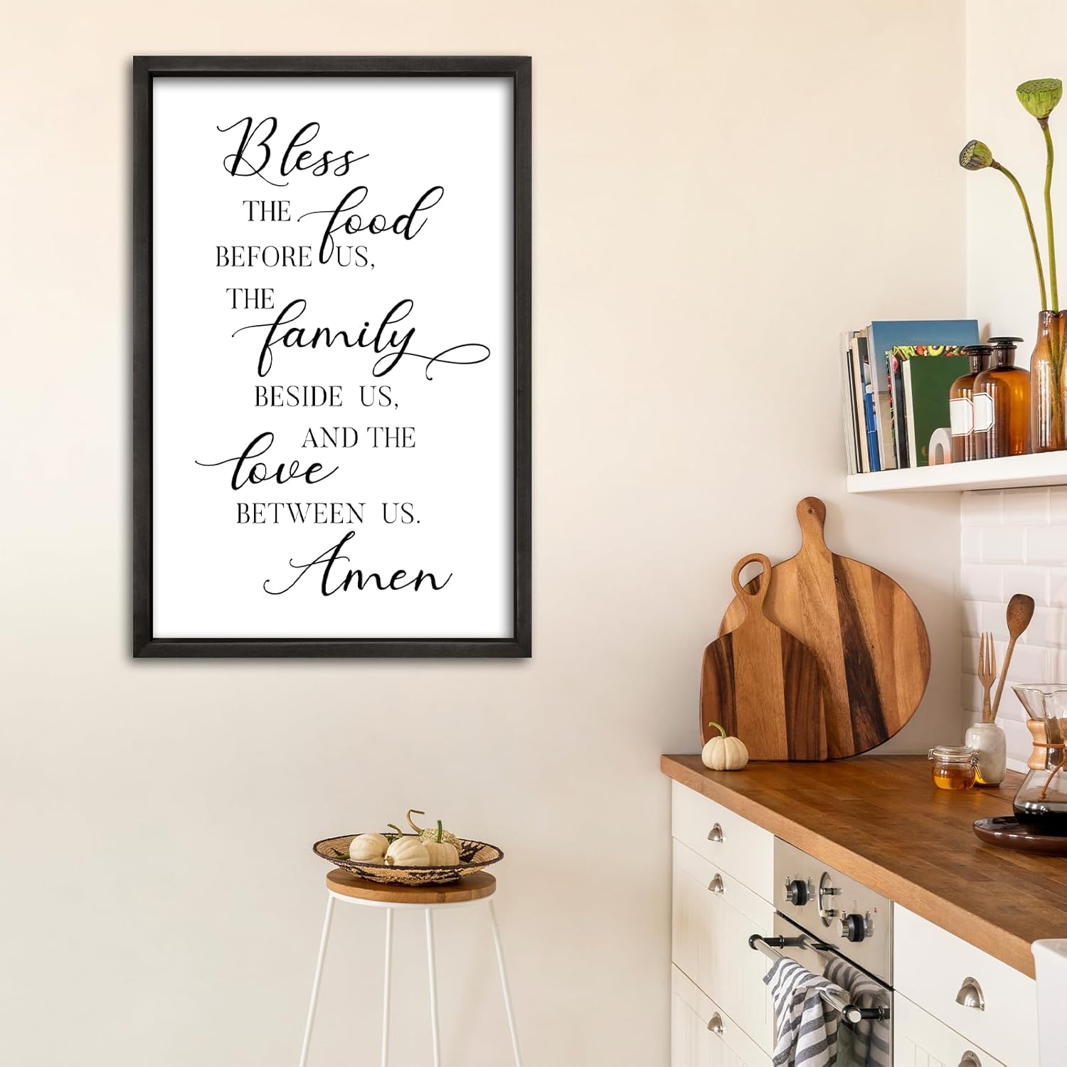 comurdyo Kitchen Wall Decor Bless the Food Before Us Prayer Farmhouse Christian Sign 16"×11" Framed Wood for Small Modern Religious Holy Dining Room Kitchen Plaque Wall Art Hanging (Black)