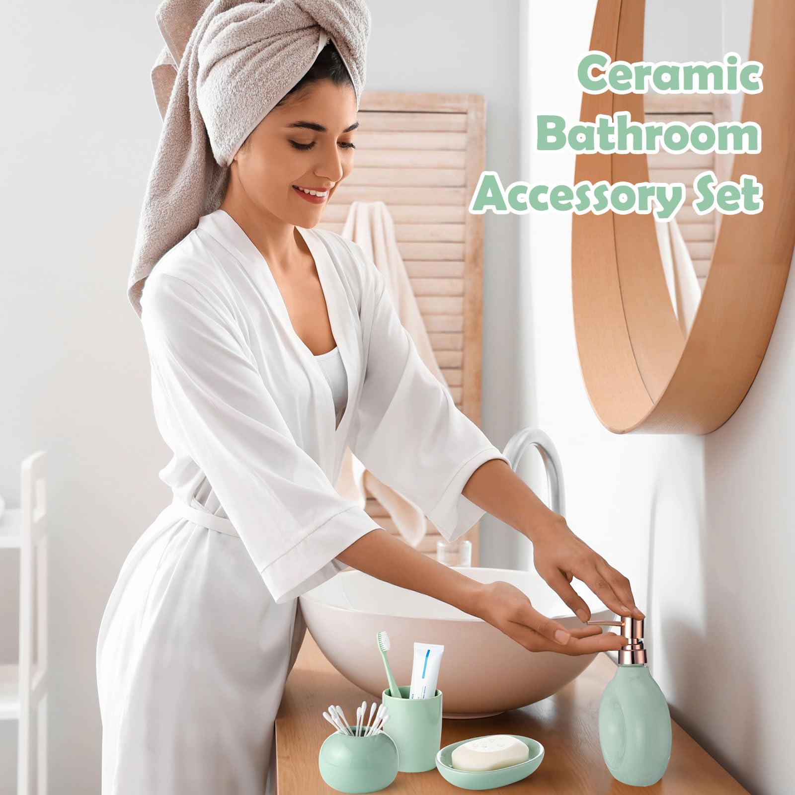 FoldTier Set da 5 pezzi di accessori da bagno in ceramica, include dispenser per sapone, portabicchiere per spazzolino, portasapone, elegante e moderno, decorazione da bagno in smalto opaco (verde)