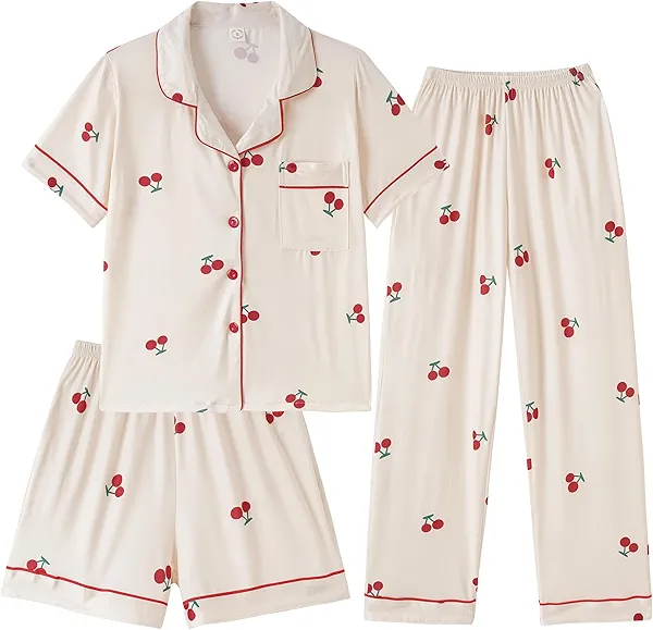 Hupohoi Girls Pajamas Short Sleeve Long Pants and Shorts 3 Piece Sleepwear Button Down Outfit with Pockets Loung Sets