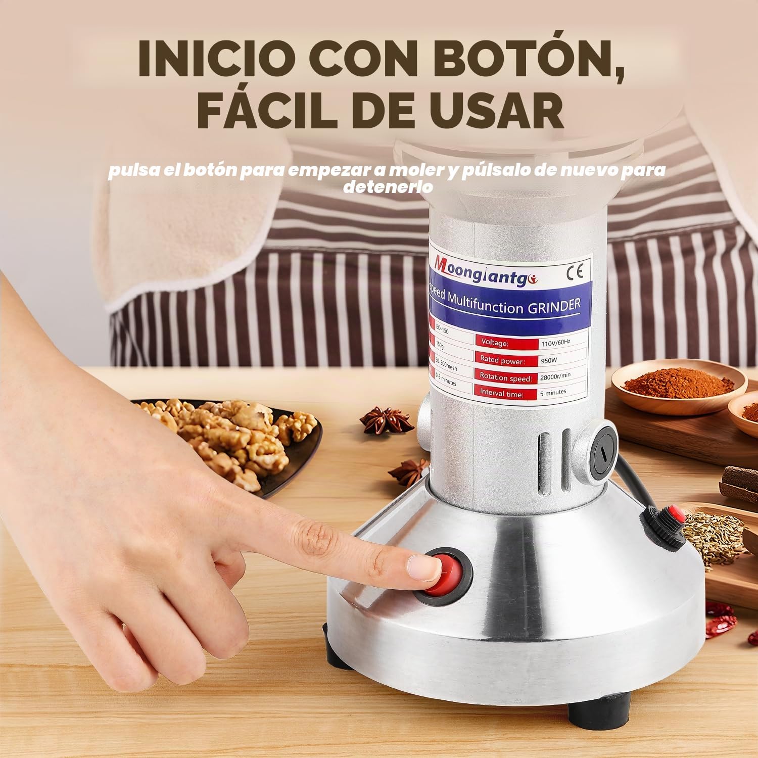 Moongiantgo Molino de Cereales Eléctrico 150g Molinillo de Grano y Especias Acero inoxidable, 950W 28000RPM Motor Comercial & 30s Molienda Superfina de Alta Velocidad, para Cereal/Hierba/Especia/Nuez