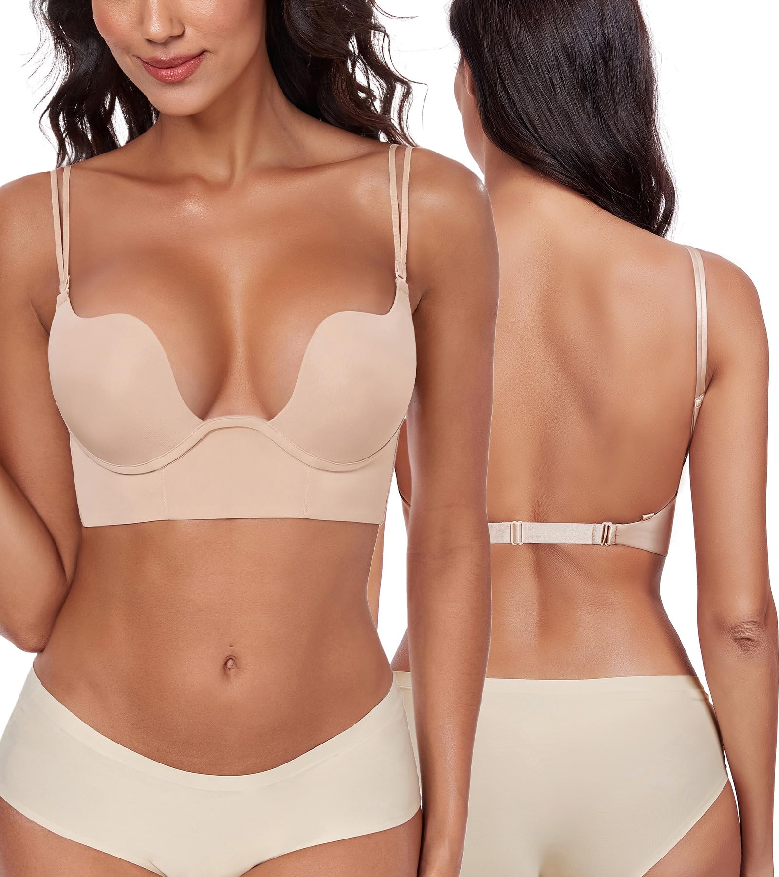 Exclare Plunge U Backless Bra for Women Deep V Low Back Brassiere Push Up Padded Low Cut Underwire for Support