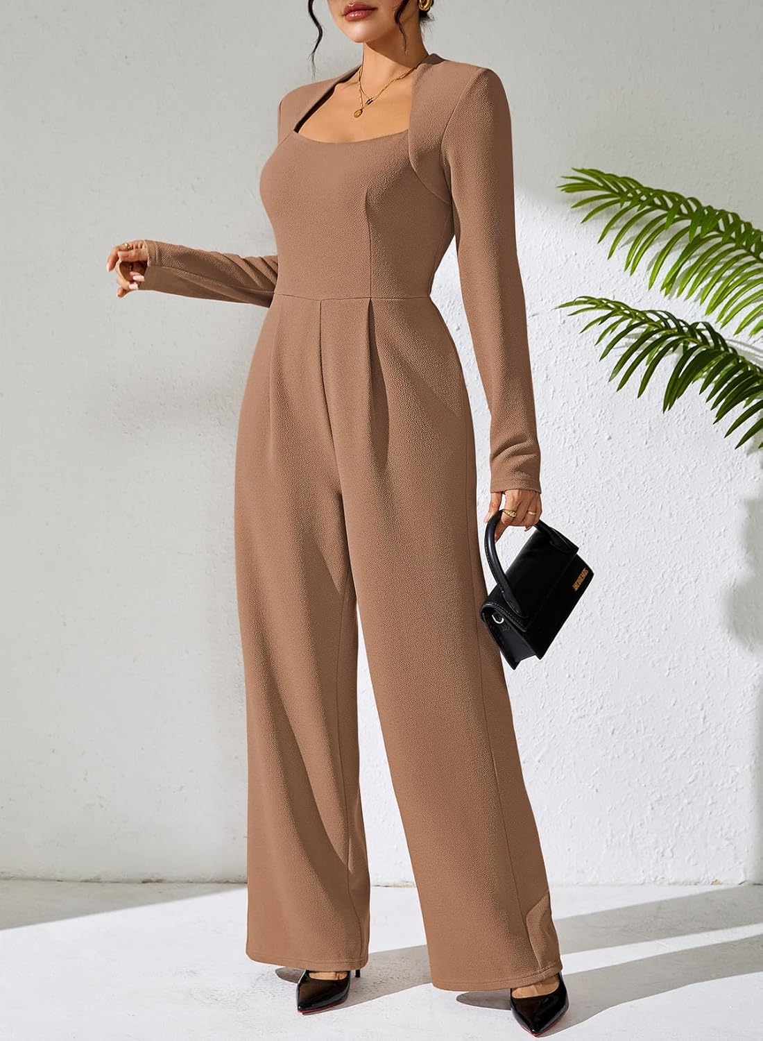 Pink Queen Jumpsuits for Women Dressy Scoop Neck Long Sleeve Wide Leg Romper One Piece Trendy Outfits - Image 2