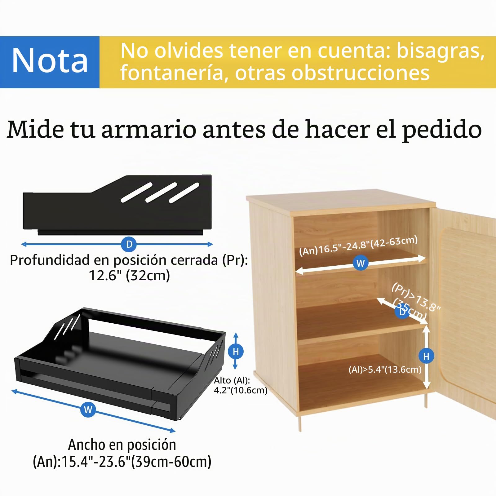Yawinhe Cajones Extraibles Para Cocina,39-60cm Cajones Telescópicos,Negro | Organizador de Armario Extensible de Cocina;Cajón Deslizante Resistente,sin Necesidad de Taladrar ni Clavar