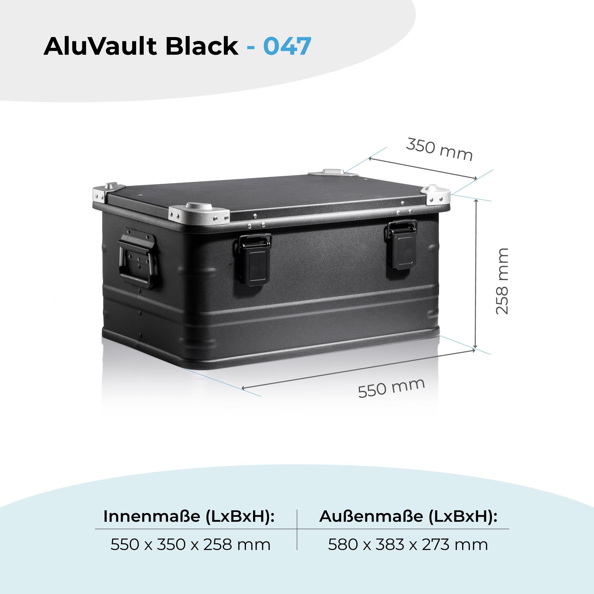 AluVault 047L – Alubox mit Deckel, Aluminium Aufbewahrungsbox, Alukiste, Spritzwassergeschützt, Staubdicht, Stapelbar - Transportbox mit Federgriffen für Werkzeug und Ausrüstung, Schwarz