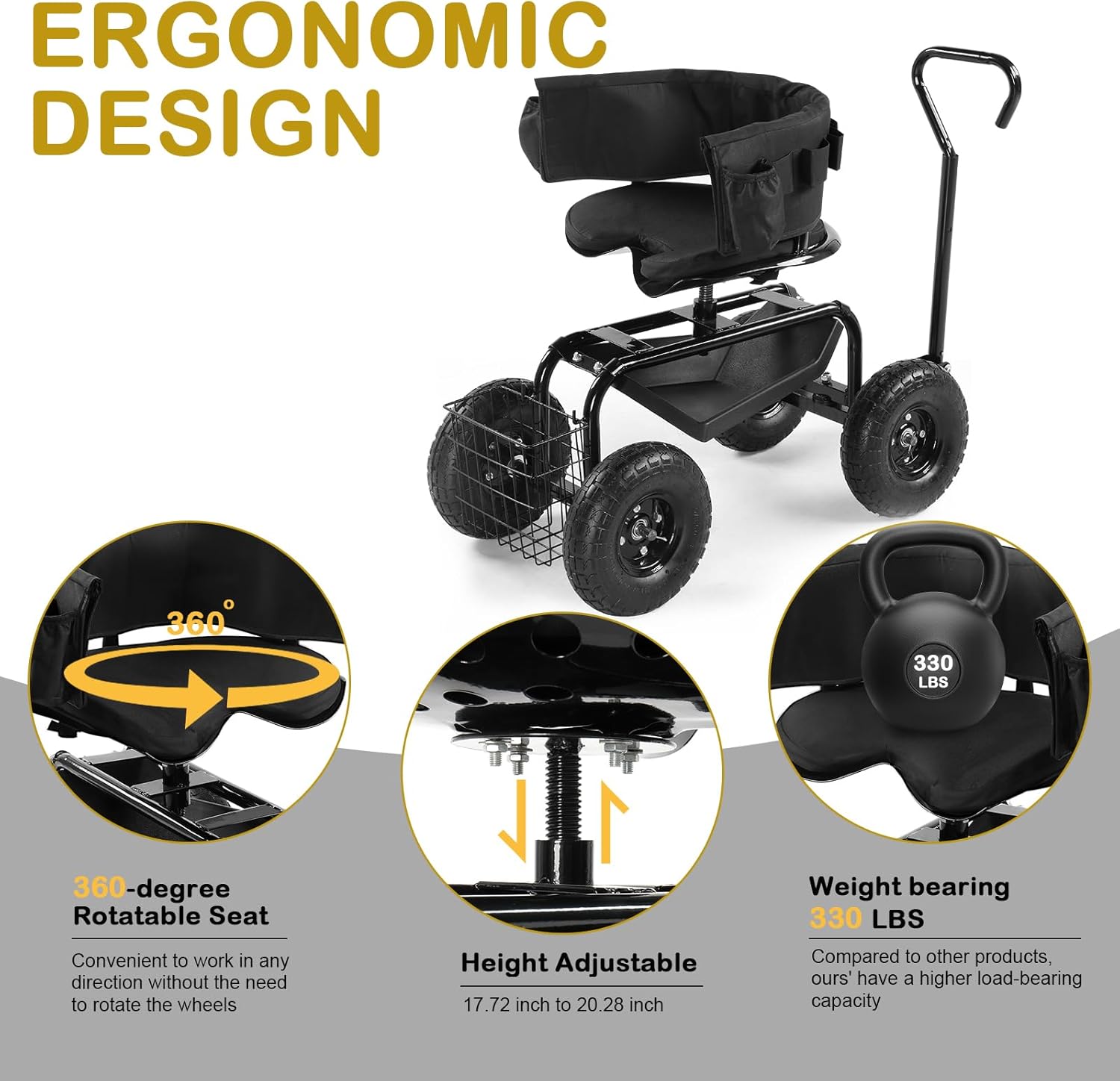 Rolling Garden Seat with Wheels Gardening Stool with Back Support and 360° Swivel Seat Outdoor Garden Cart with Tool Storage and Inflatable Tires Black