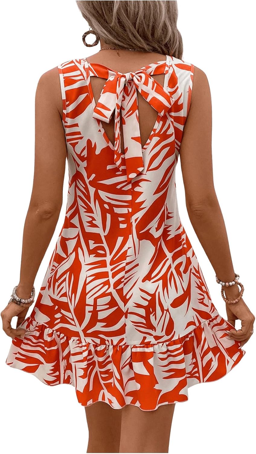 SOLY HUX Women's Boho Knot Back Sleeveless Swing Shift Dress Flounce Ruffle Hem Summer Dresses