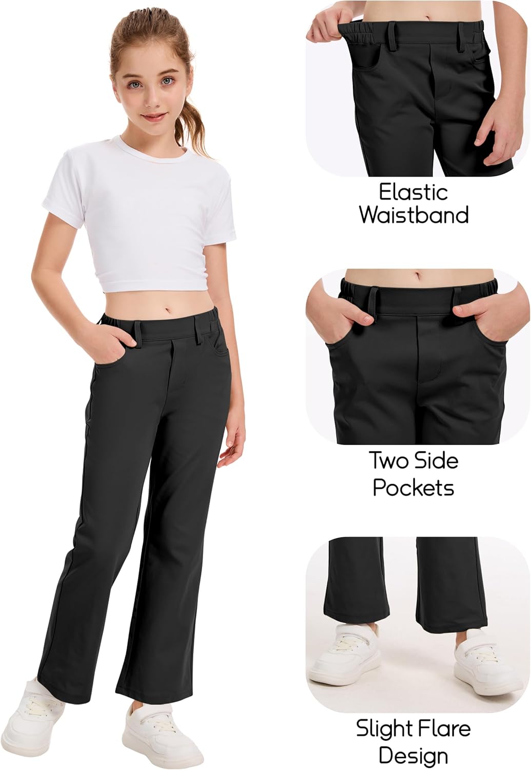 QBK Girls Flare Dress Pants Kids School Uniform Bell Bottoms with Elastic Waist for Teens Size 4-15 Years - Image 4