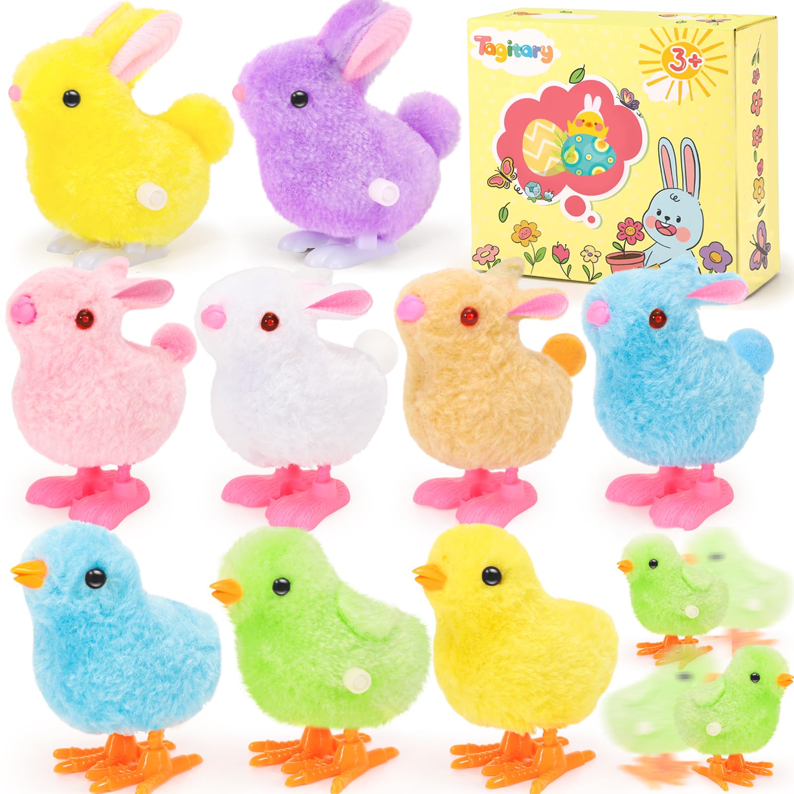 Tagitary Easter Plush Bunny and Jumping Chick Wind Up Toys Plush Rabbit and Chicken Toy for Kids Toddlers Easter Egg Hunt Basket Party Favor Stocking Stuffers Classroom Prizes Christmas Birthday Gift