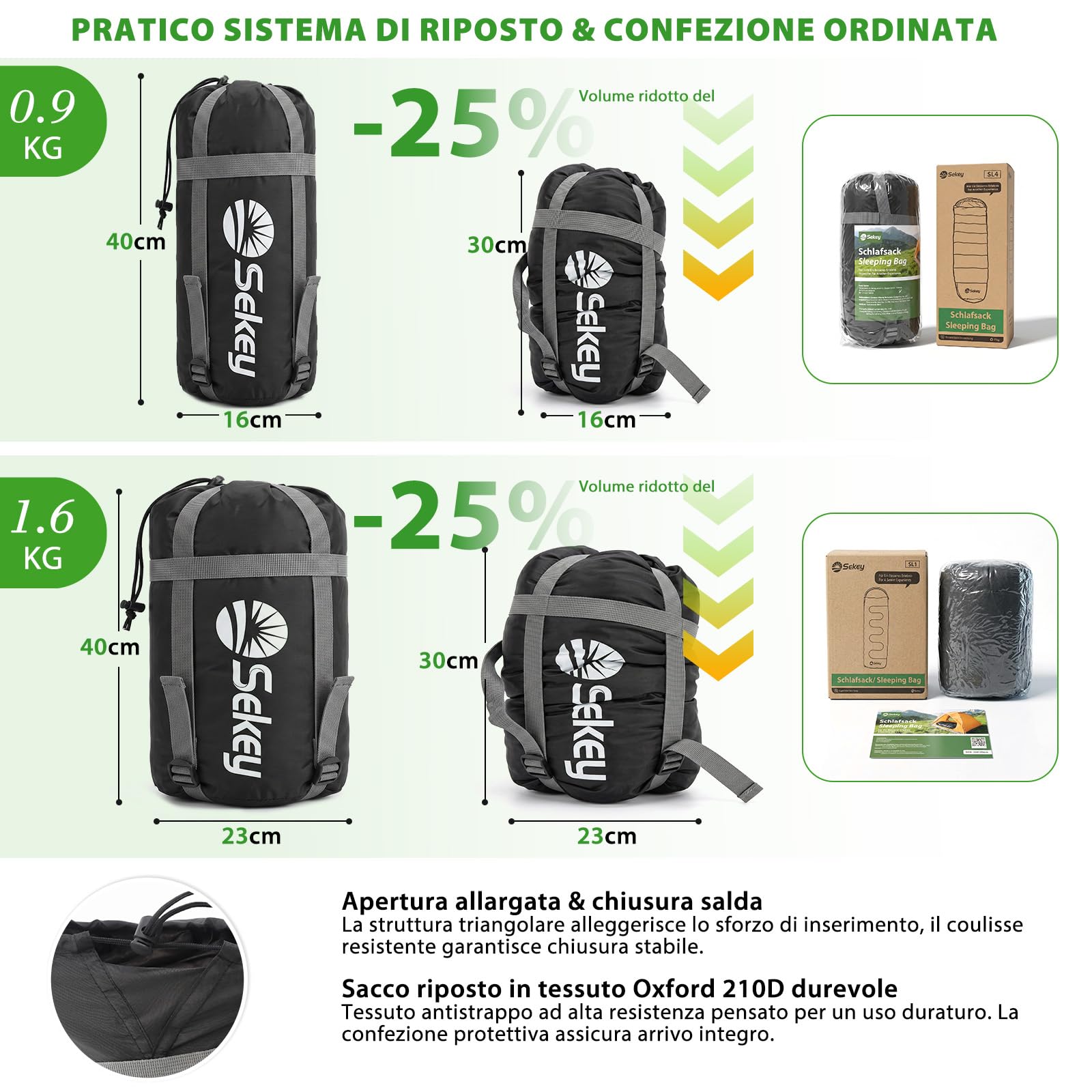 Sekey Sacco a Pelo Adulto, 0,9 kg/1,6 kg, 4 Stagioni o Estivo, Sacco a Pelo Compatto e Ultraleggero, Con Cerniera Anti-impigliamento, Idrorepellente, Antistrappo, Campeggio, Viaggio, 220x80x50 cm