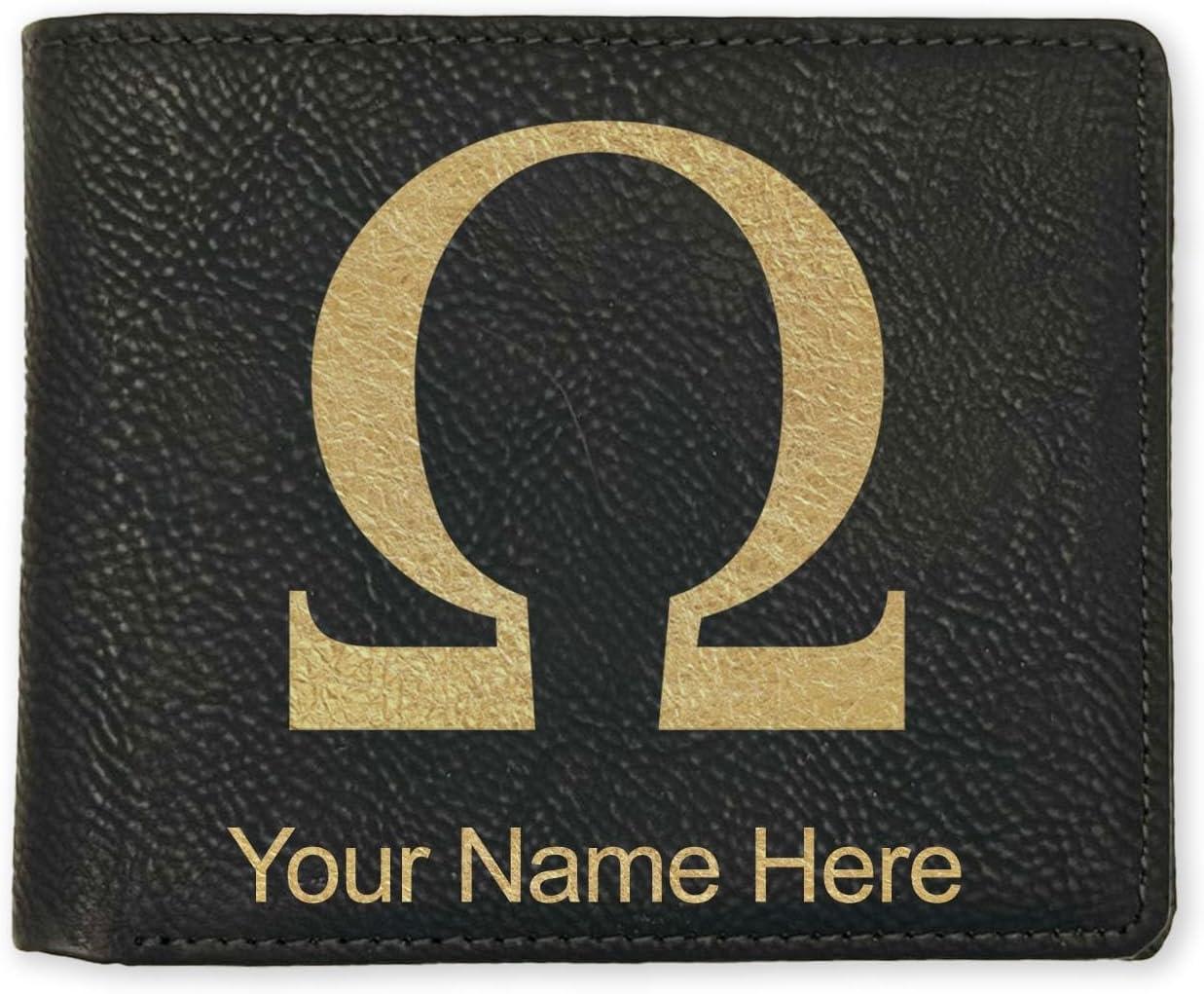 LaserGram Faux Leather Bi-Fold Wallet, Omega Symbol, Personalized Engraving Included (Black with Gold)