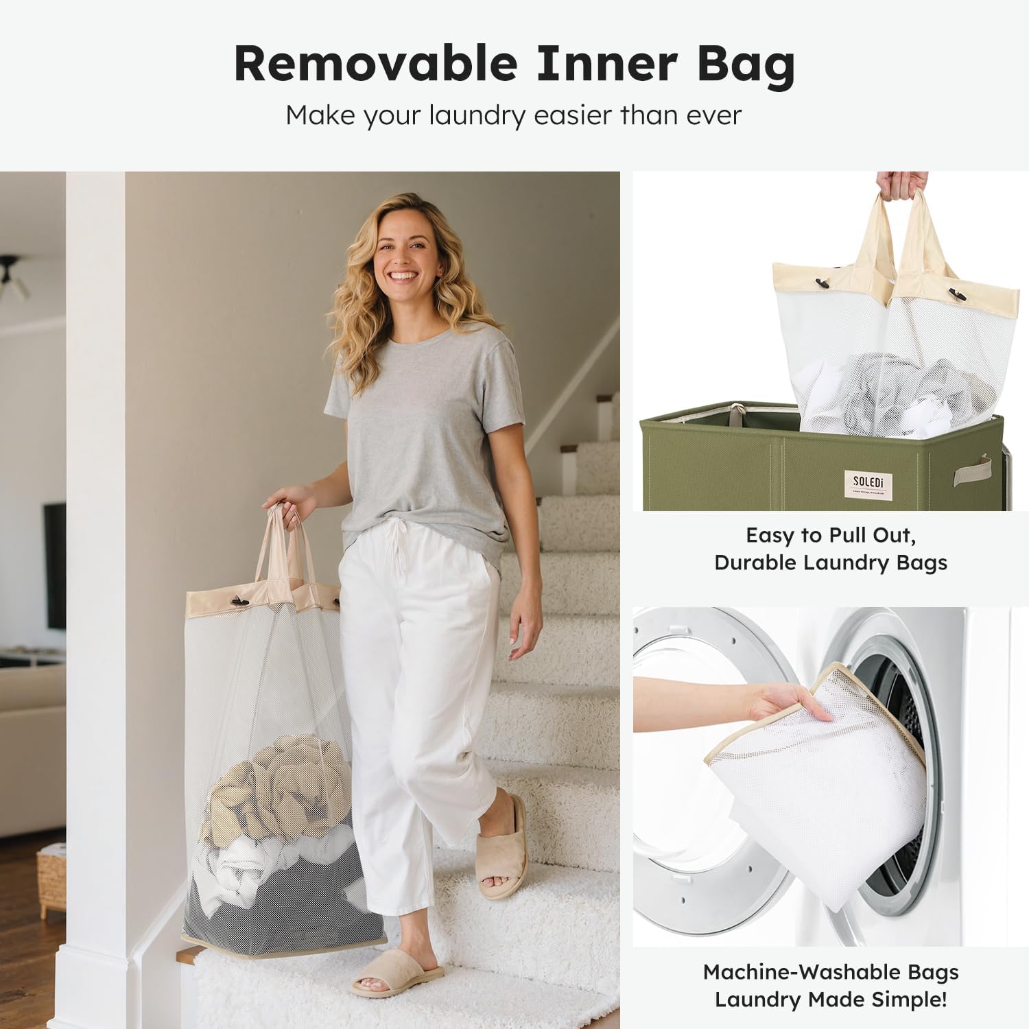 SOLEDI Double Laundry Hamper with Lid, 47.8 Gal (180L) Large Laundr Basket 2 Section with 2 Side Pockets, Dirty Clothes Hamper with Removable Bag, Easy to Carry for Laundry Room, Bedroom, Avocado