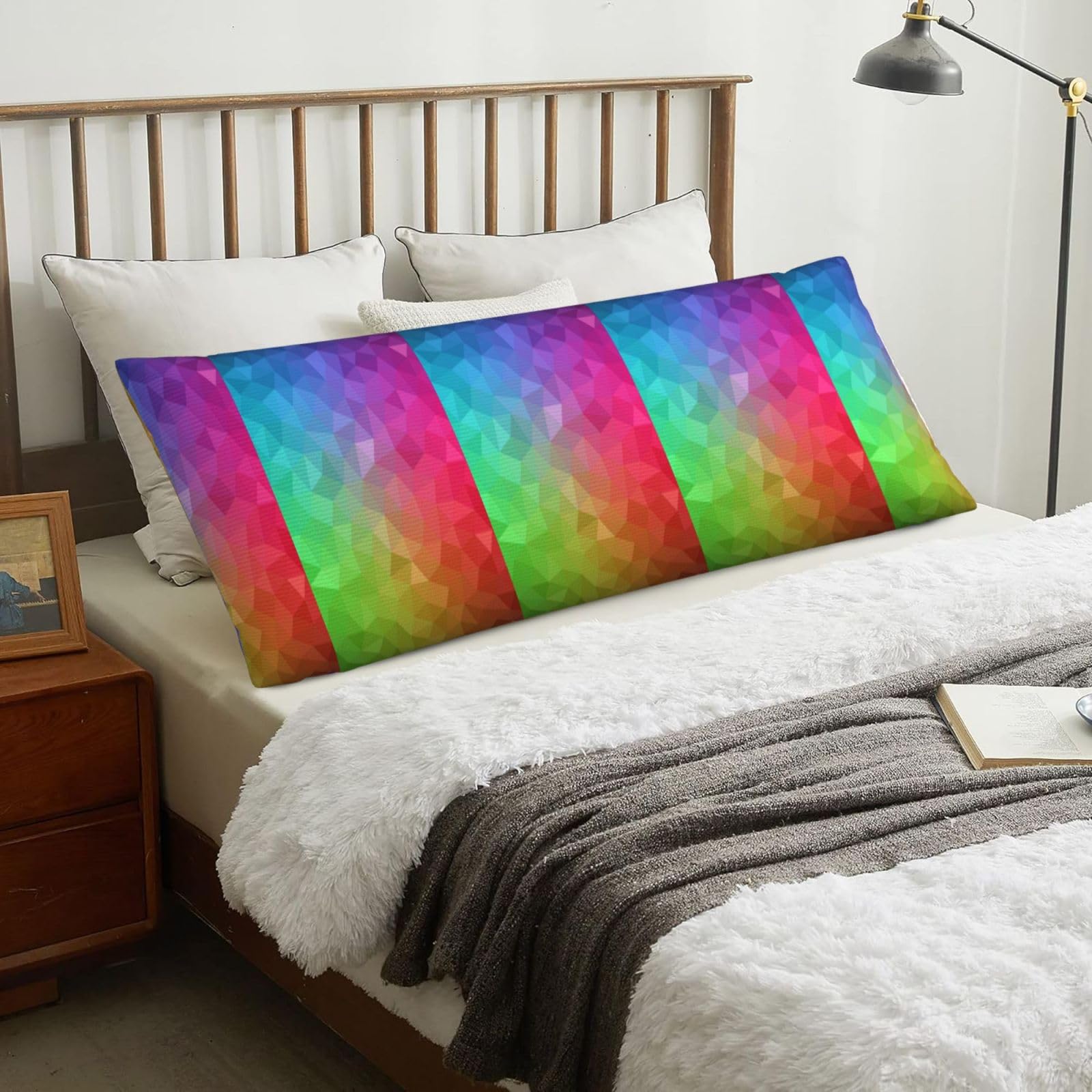 Multicolor Polygonal Which Consist Triangles Rainbow, Body Pillow Cover with Zipper,Long Body Pillowcase 20 x 60 in